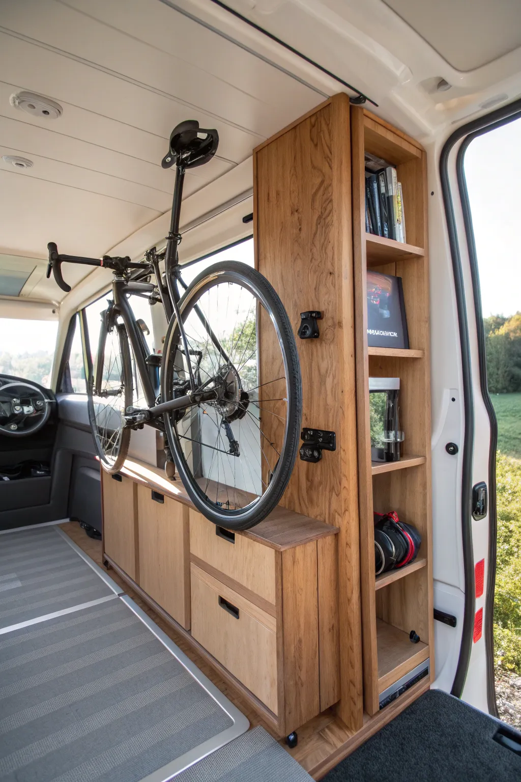 Effortlessly blend style and function with this DIY vertical bike rack for your campervan.