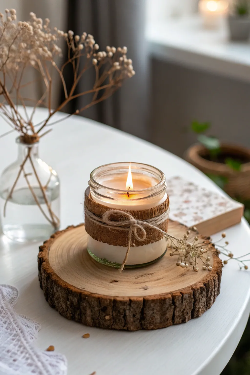 Elevate your candle decor with a rustic wood slice base for a touch of warmth and natural elegance.