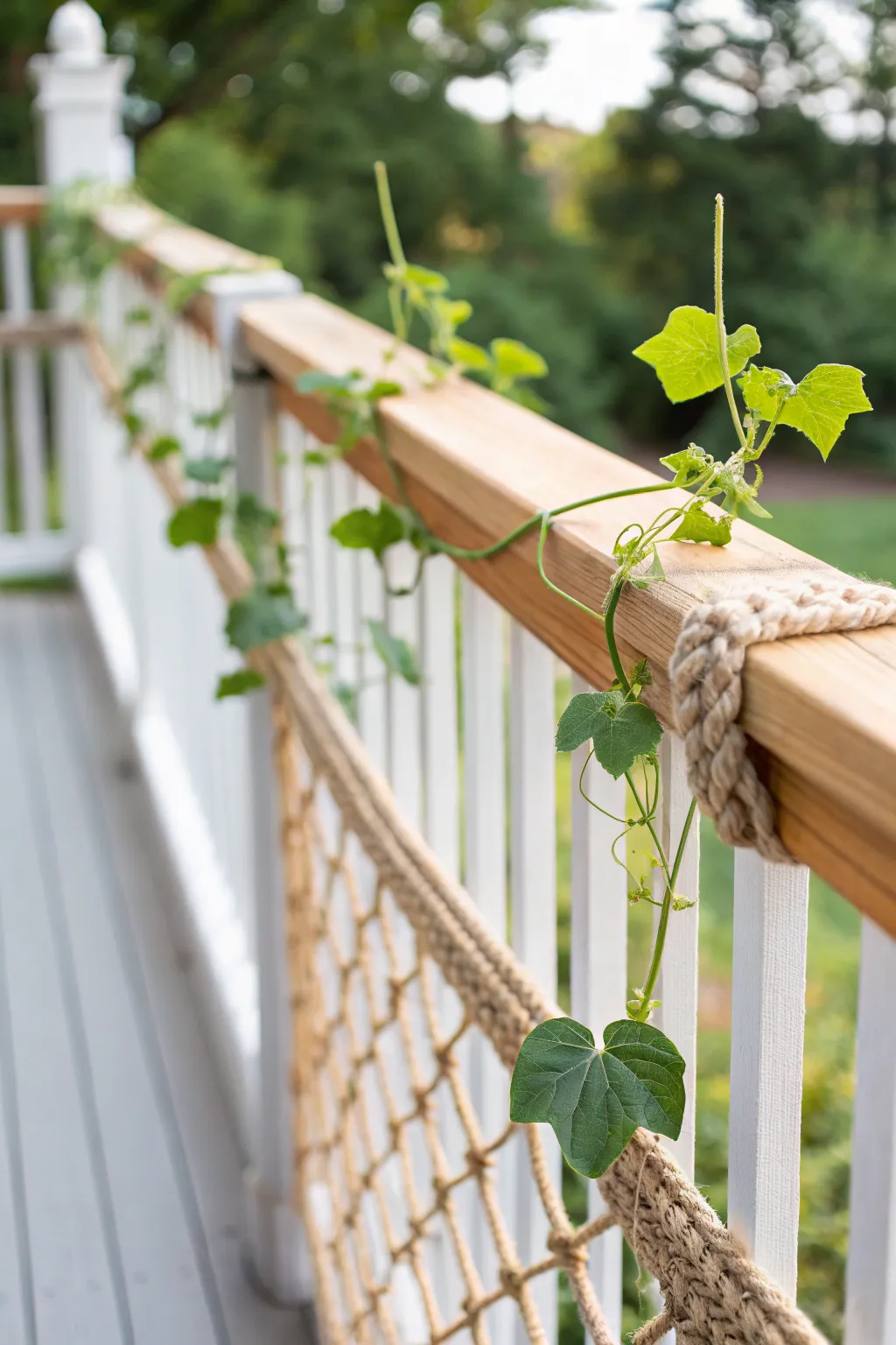 Elevate your garden with a chic and space-savvy cantaloupe trellis using your deck railing!