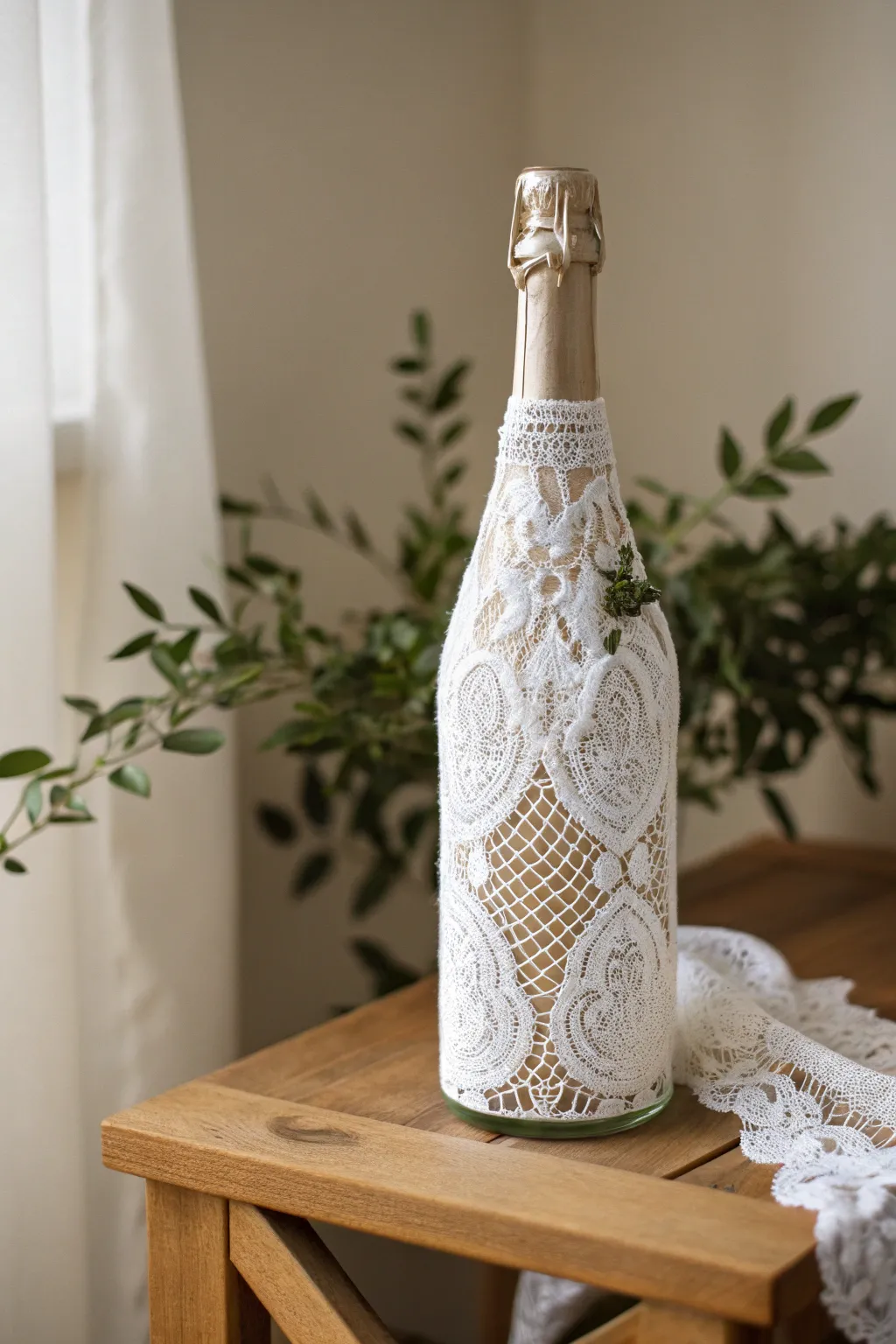 Add a touch of romance to your celebration with this elegant lace-wrapped champagne bottle.