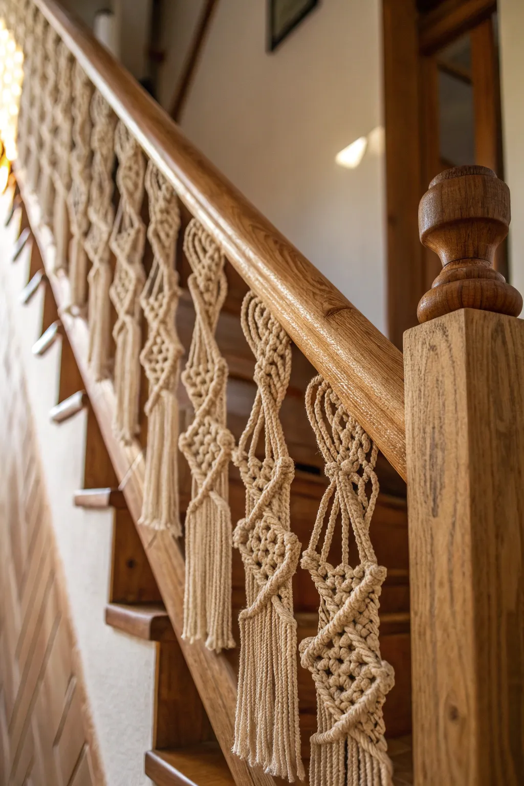 Elevate your stairway with the timeless beauty of macramé craftsmanship.