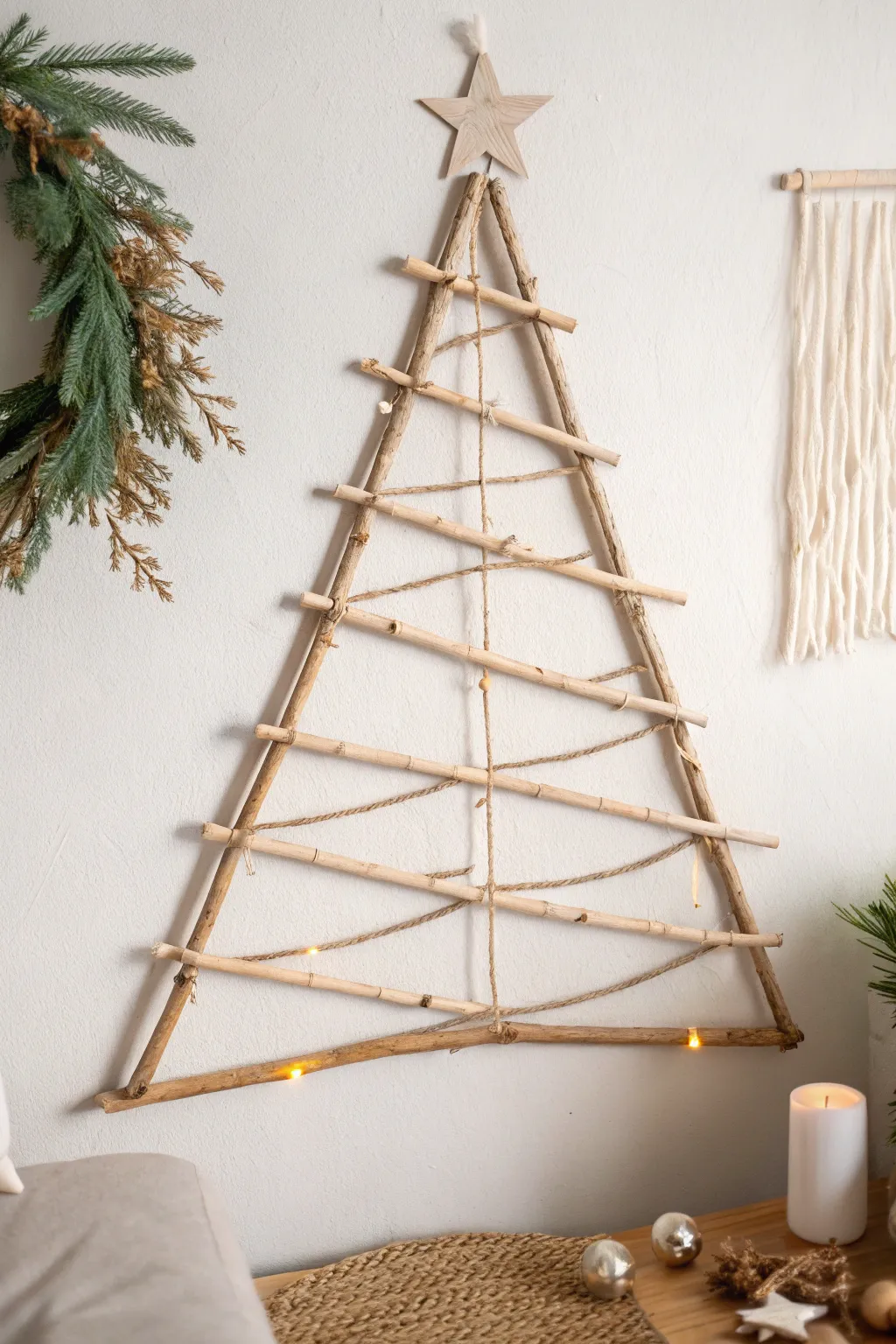 Embrace the serene beauty of a minimalist Christmas with this handcrafted stick tree, perfect for a natural, Scandinavian-inspired home.