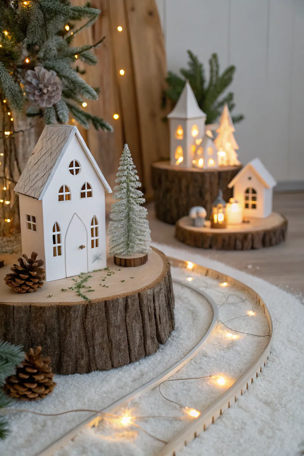 Illuminate your DIY Christmas village with enchanting fairy light pathways for a warm and inviting holiday touch.