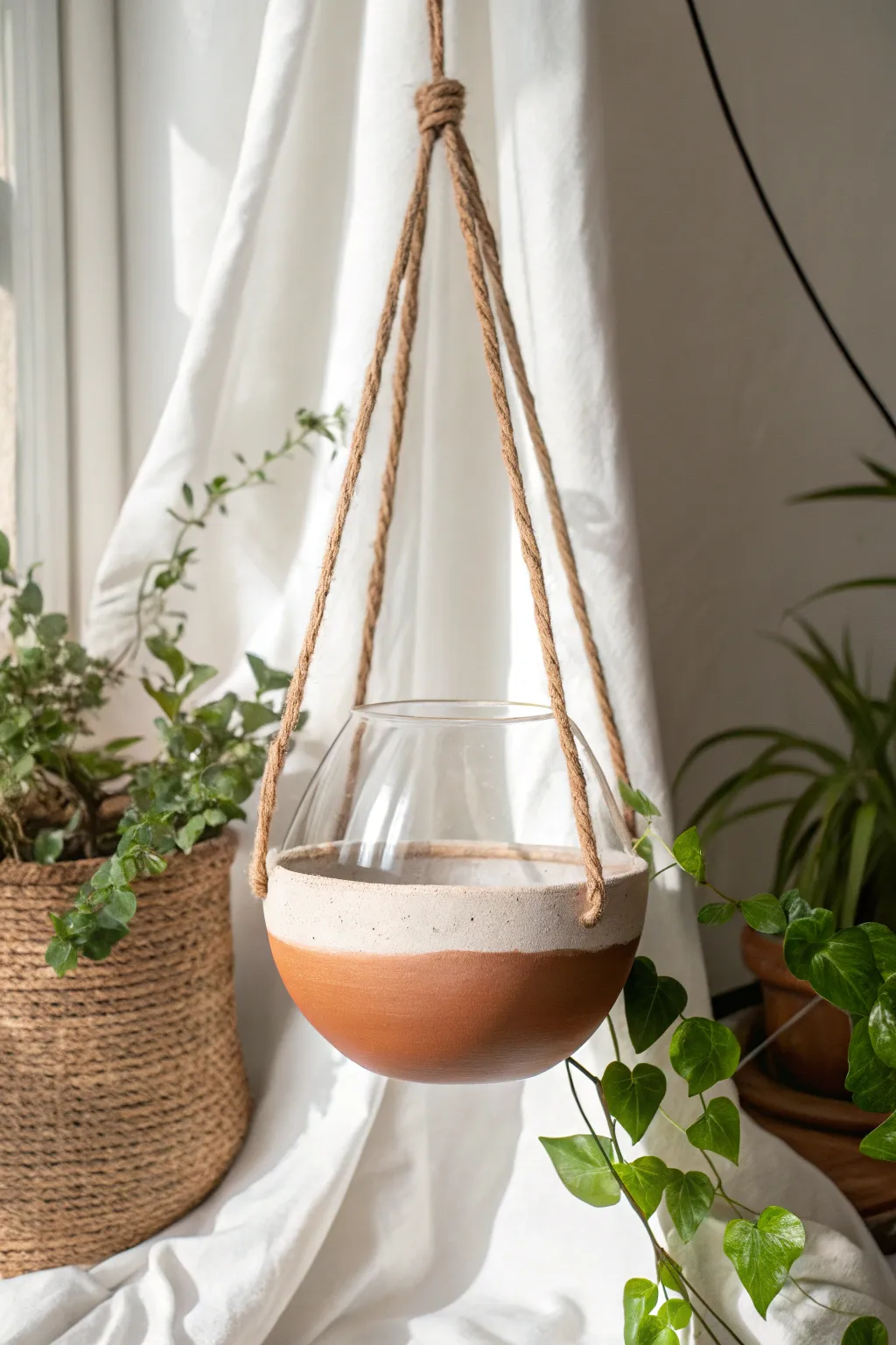 Elevate your space with this stunning clay and glass hanging planter, where simplicity meets sophistication.