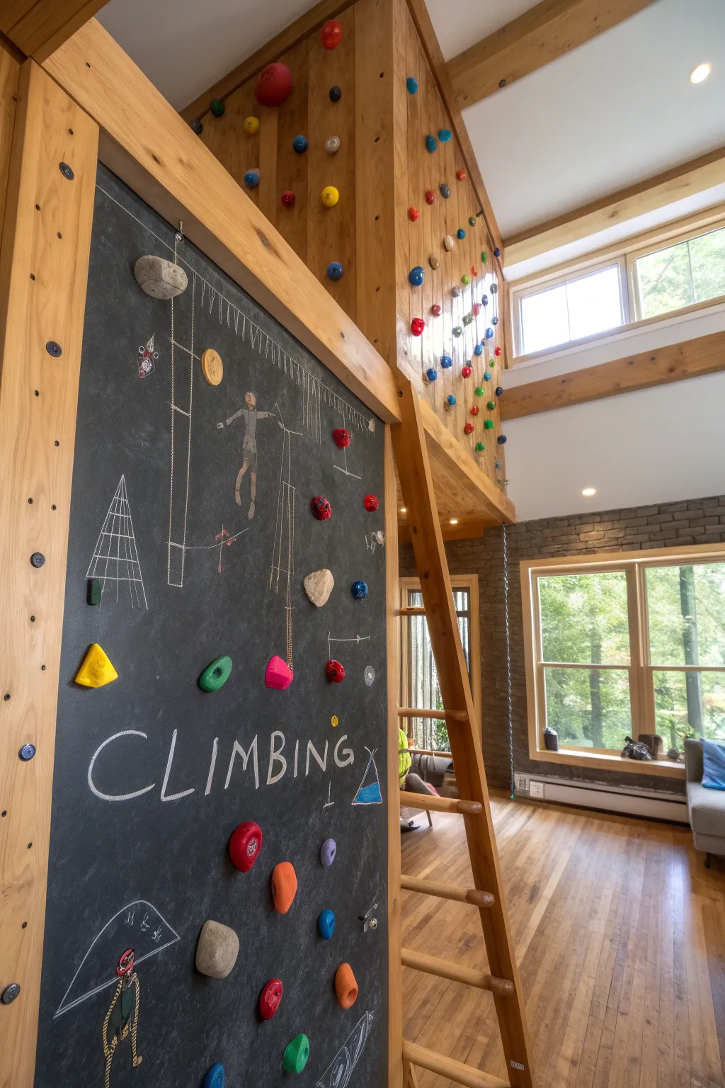 Unleash creativity and adventure with this stunning chalkboard climbing wall combo.