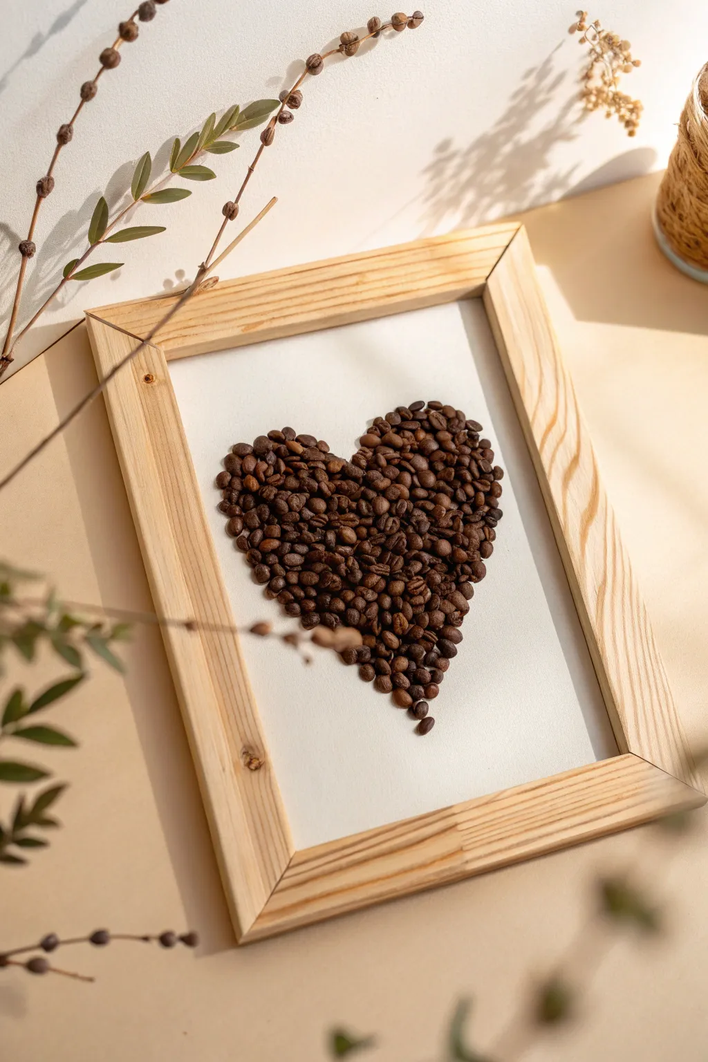 Crafted with love: A heart of coffee beans framed in minimalist elegance.