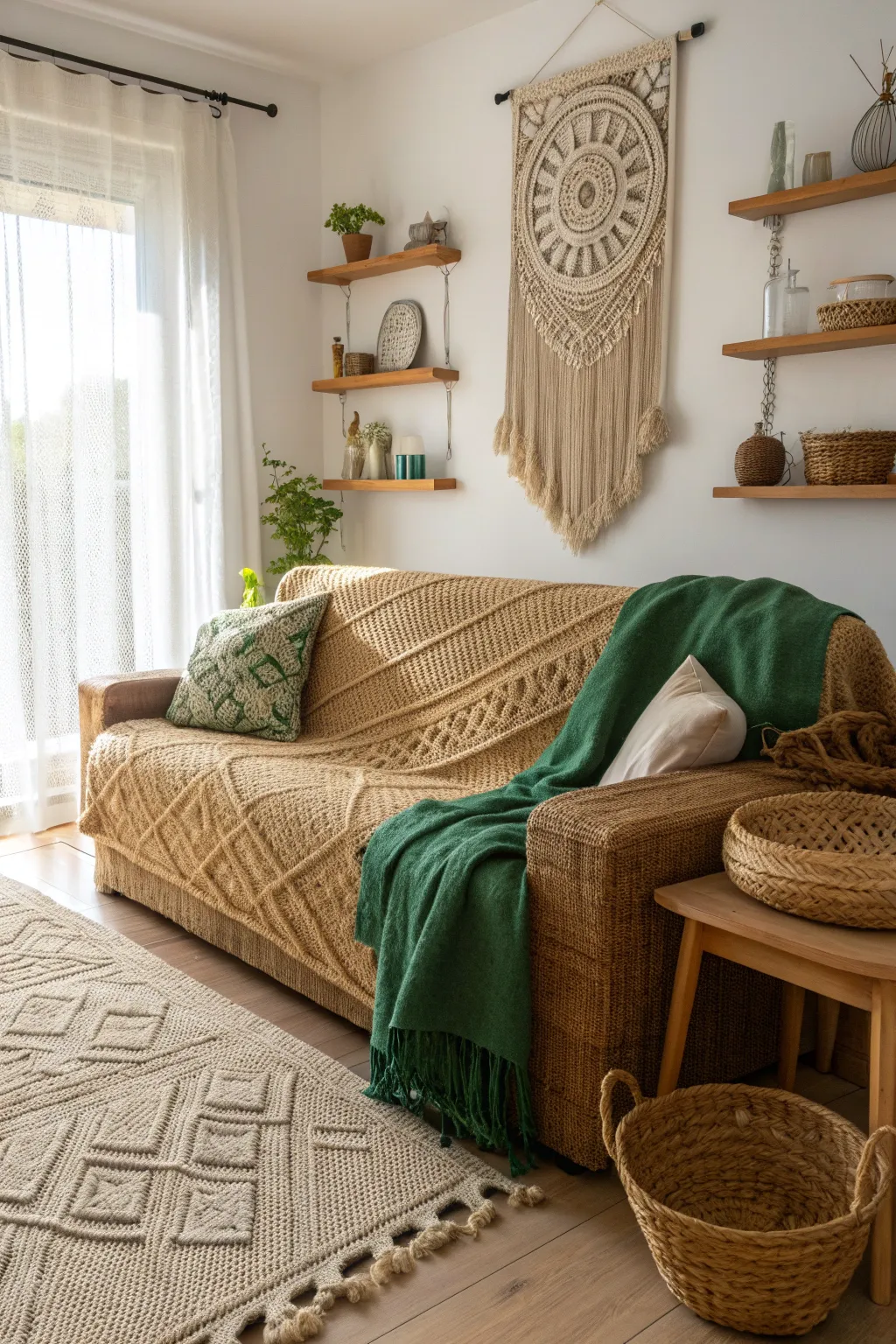 Embrace rustic charm with a handcrafted burlap couch cover, blending Scandinavian simplicity with boho elegance.