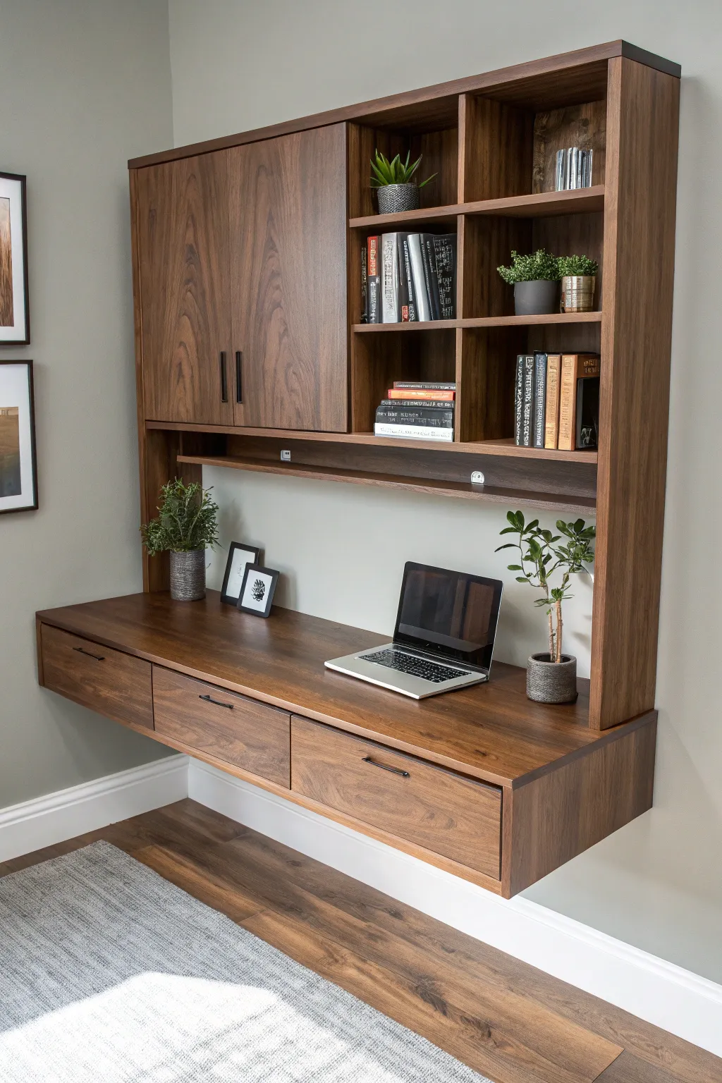 Elevate your workspace with a stylish floating desk and hutch combo, where craftsmanship meets modern minimalism.