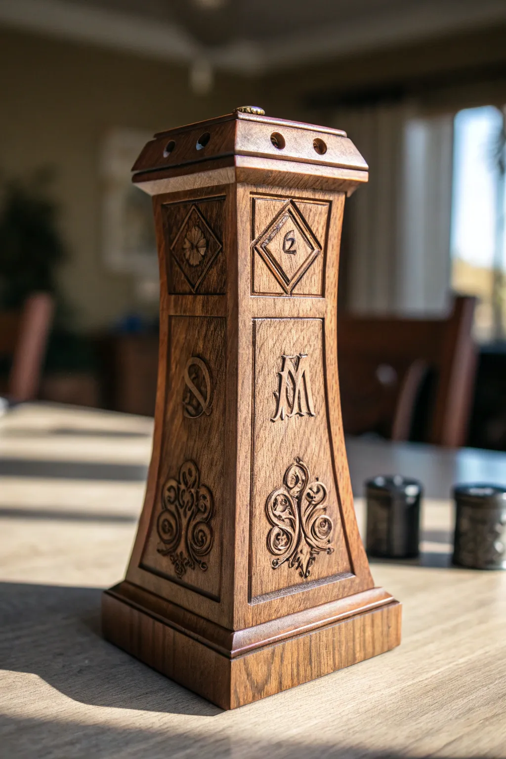 Elevate your game with a personalized touch: a meticulously crafted dice tower engraved with your name.