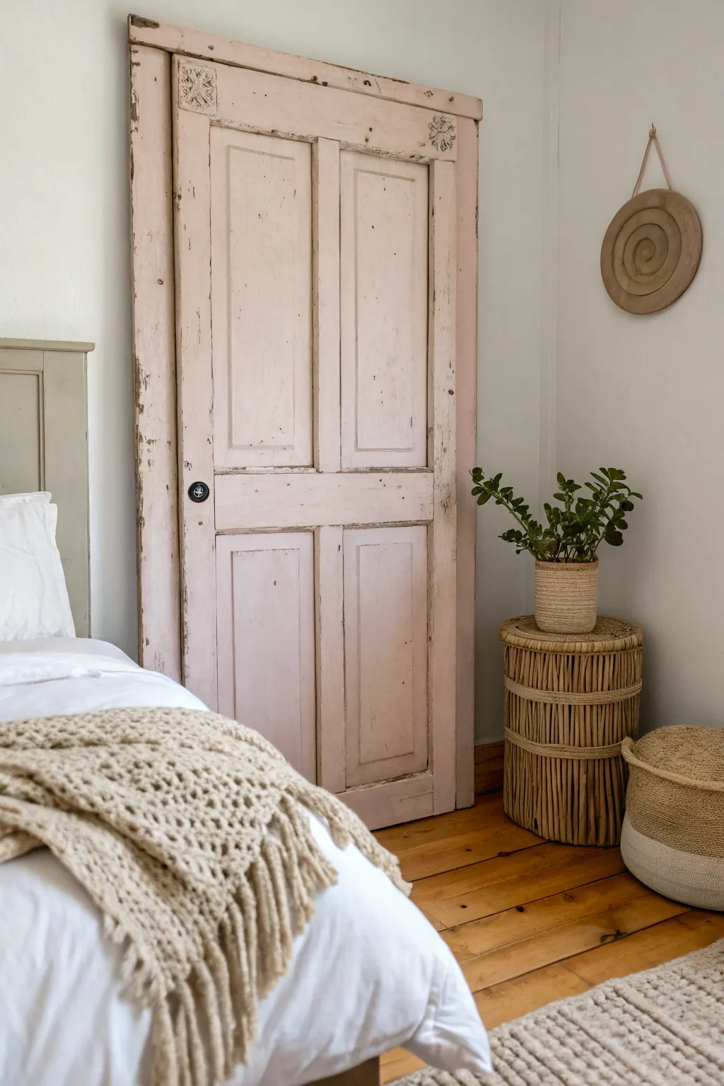 Transform an old door into a dreamy headboard for a touch of vintage charm and minimalist elegance.