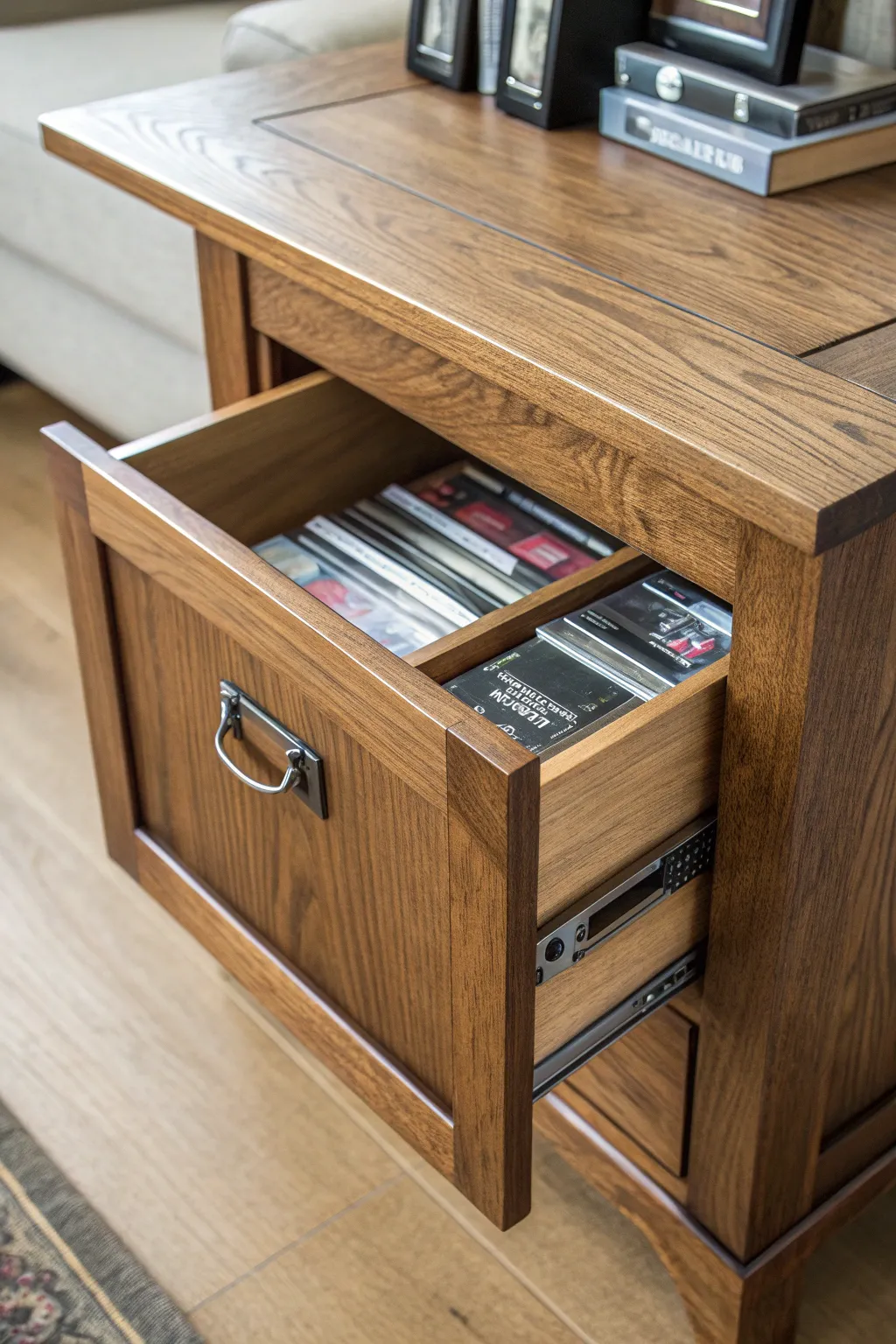 Discover the art of hidden storage with this elegant side table solution for your DVD collection.