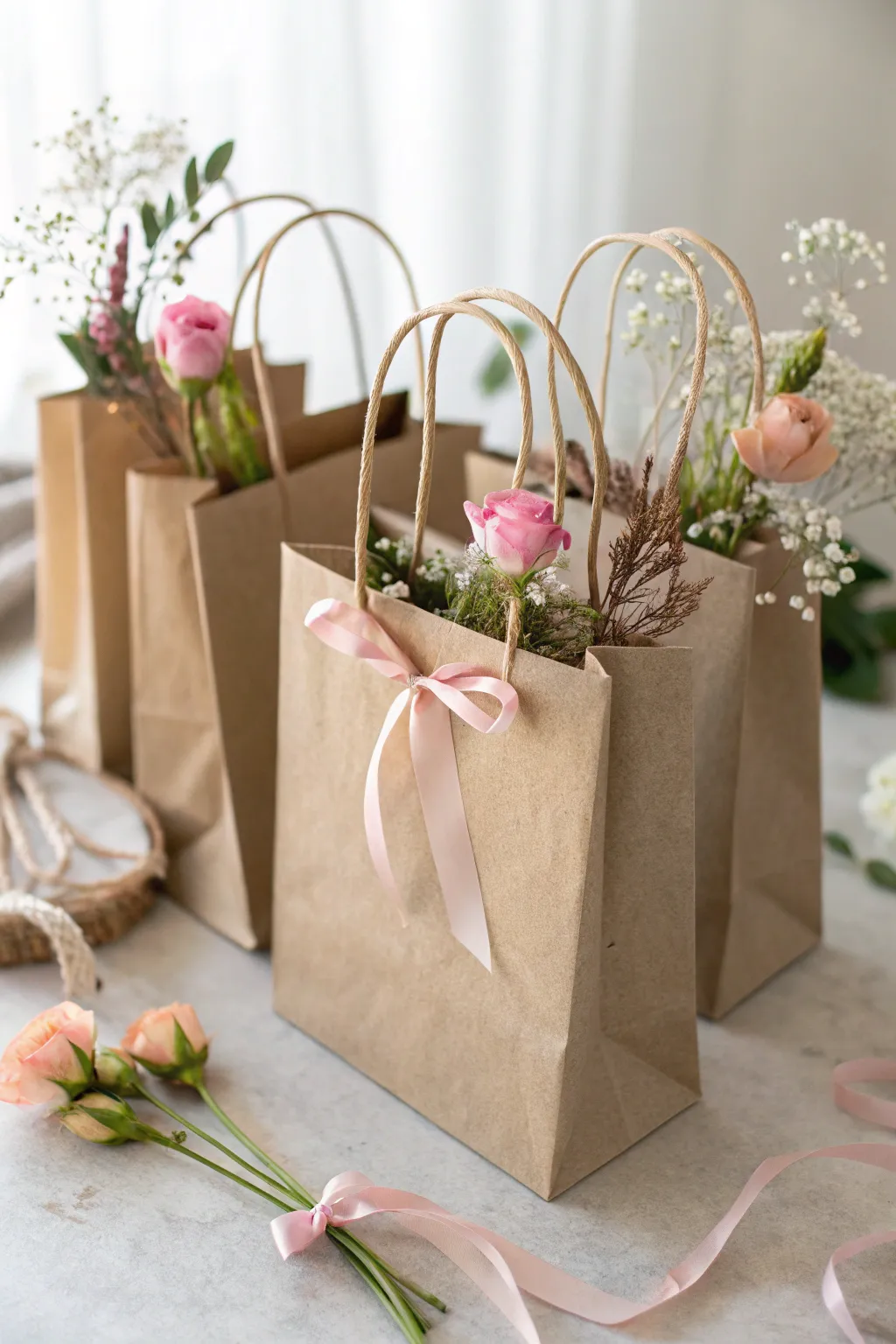 Elevate your DIY flower bar with personalized takeaway bags, blending rustic charm with minimalist elegance.