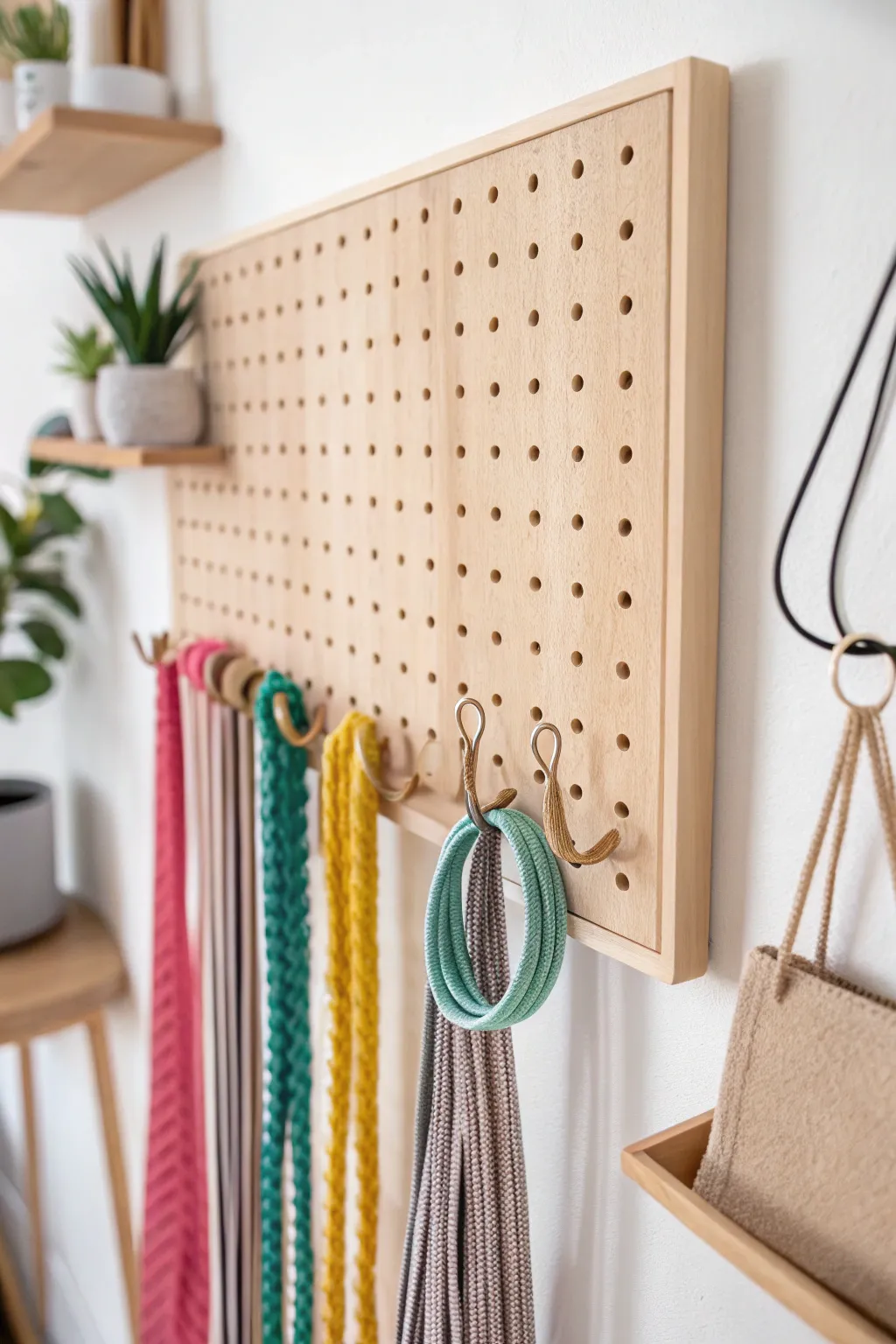 Organize in style: Add a pop of color to your space with this minimalist pegboard hair tie holder.