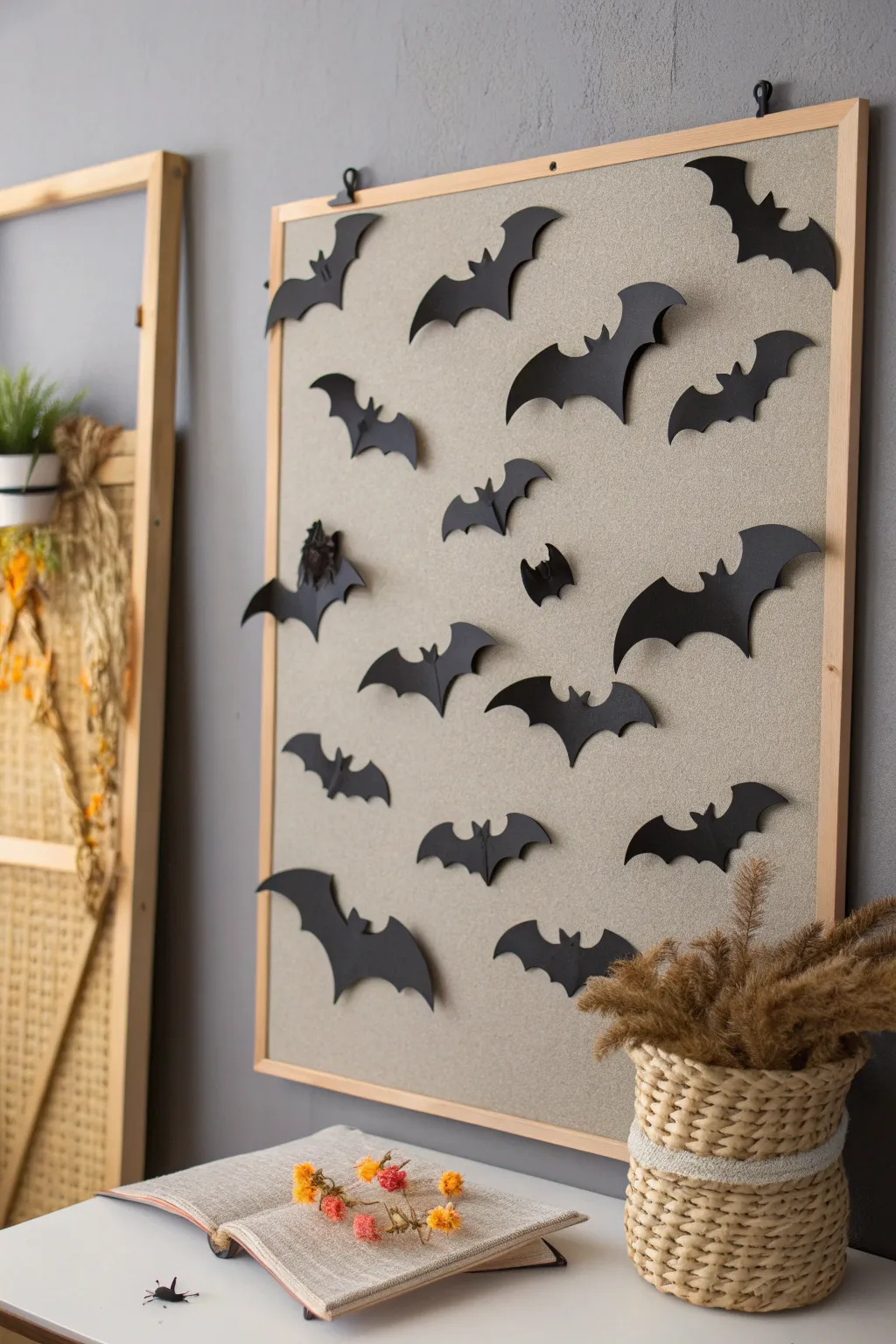 Elevate your office space this Halloween with a charming batty bulletin board—where minimalist style meets spooky sophistication.