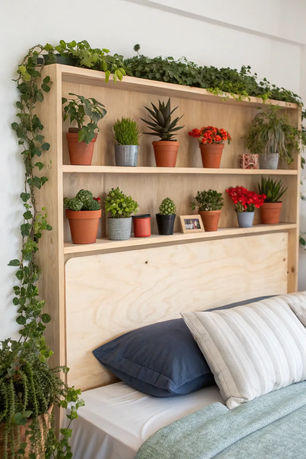 Bring the outdoors in with a botanical headboard that combines natural beauty and minimalist style. #DIYHomeDecor #BotanicalBliss