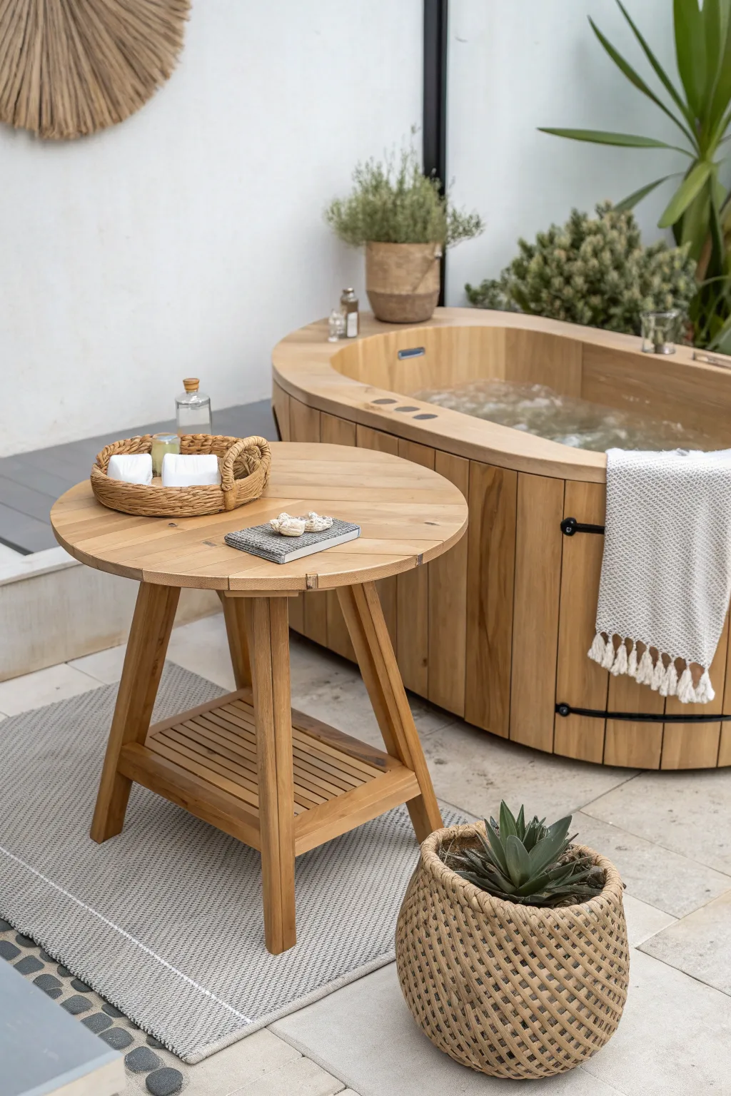 Transform your hot tub space with this elegant foldaway table—perfect for style and functionality in small spaces.