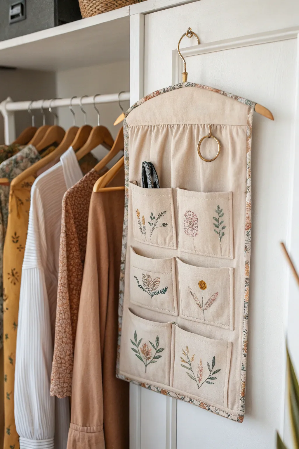 Elevate your closet organization with a touch of handcrafted elegance. Discover the beauty of simplicity with this DIY fabric pocket jewelry hanger.