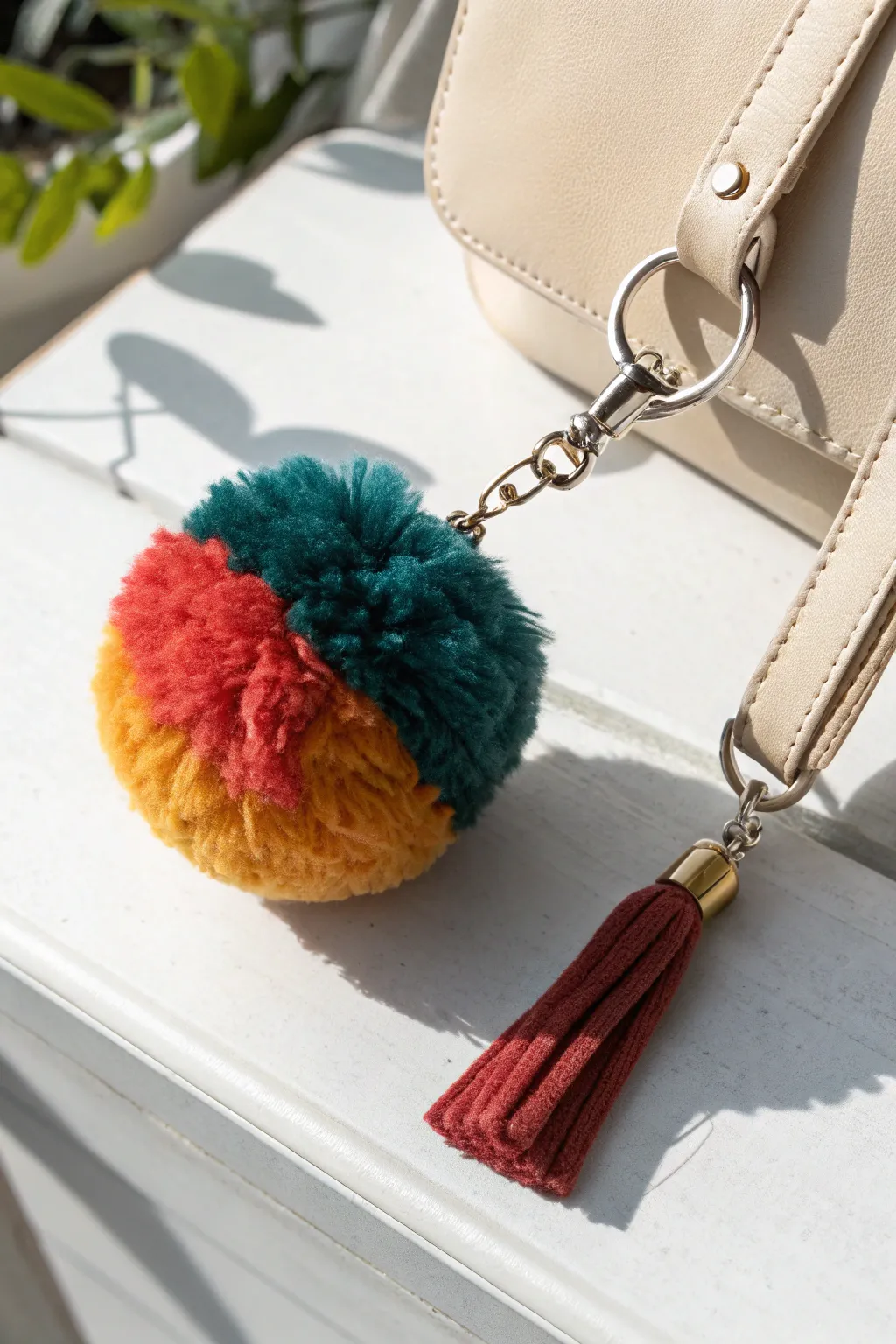 Add a pop of color and fun to your keys with this handmade pom pom keychain, blending minimalist and boho styles effortlessly.