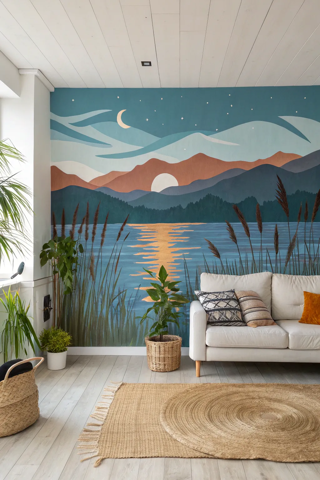 Transform your space with a lake-inspired mural that brings nature's tranquility indoors. #DIYDecor #LakeHouseVibes