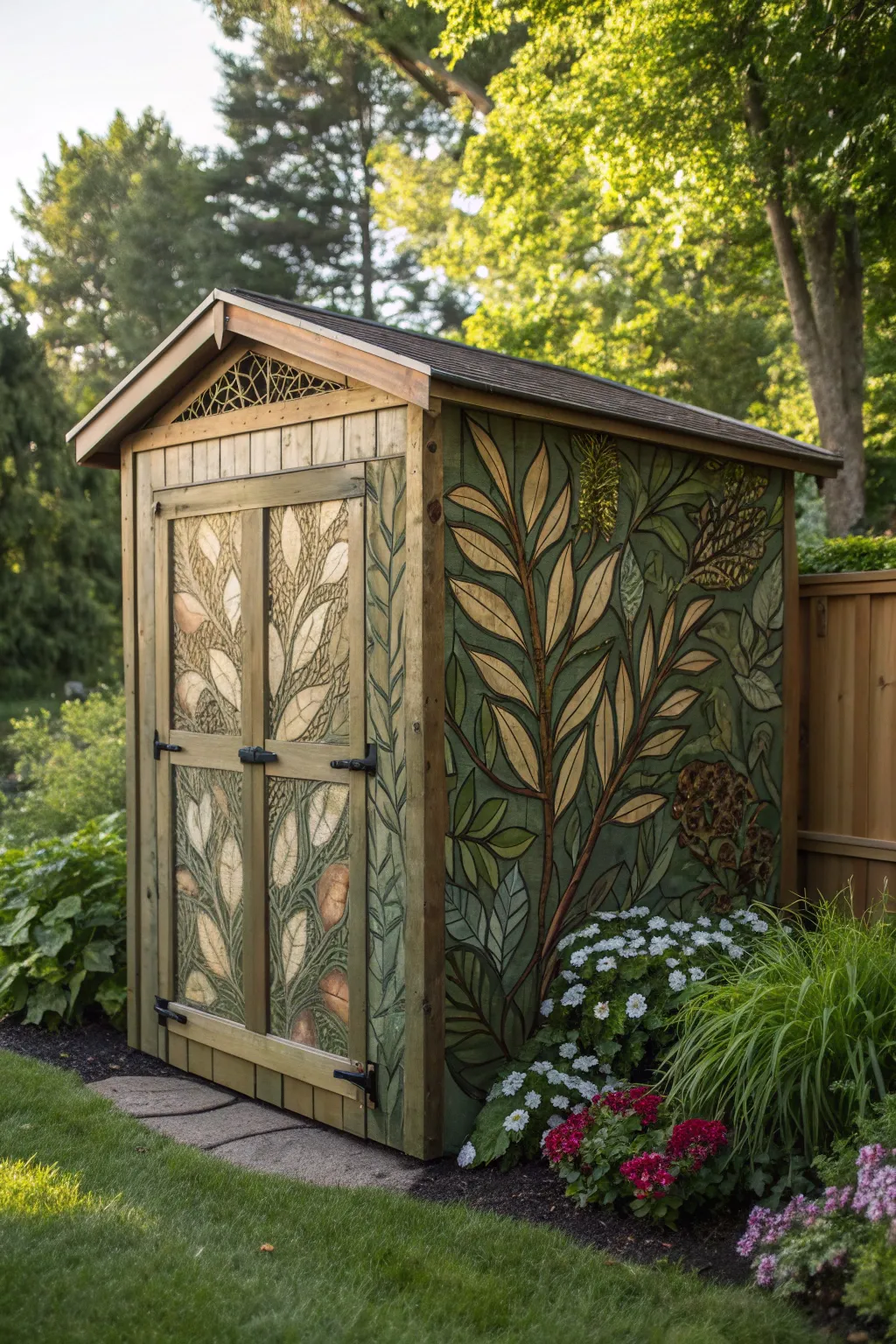 Craftsmanship at its finest: This camouflaged lawn mower shed seamlessly integrates into your garden, combining utility with art.