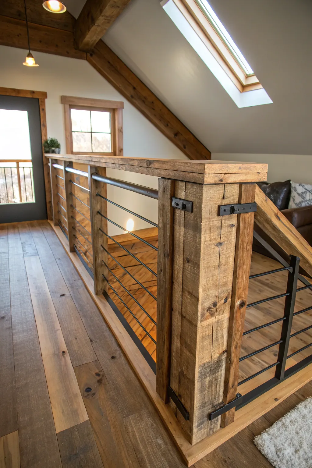 Elevate your loft with the rustic charm of reclaimed wood railing.