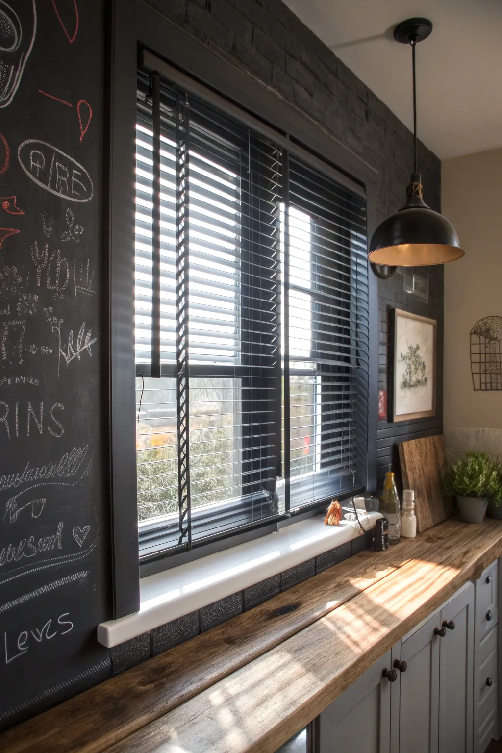 Transform your blinds into a writable masterpiece with chalkboard paint — perfect for notes and creative flair in any stylish kitchen!
