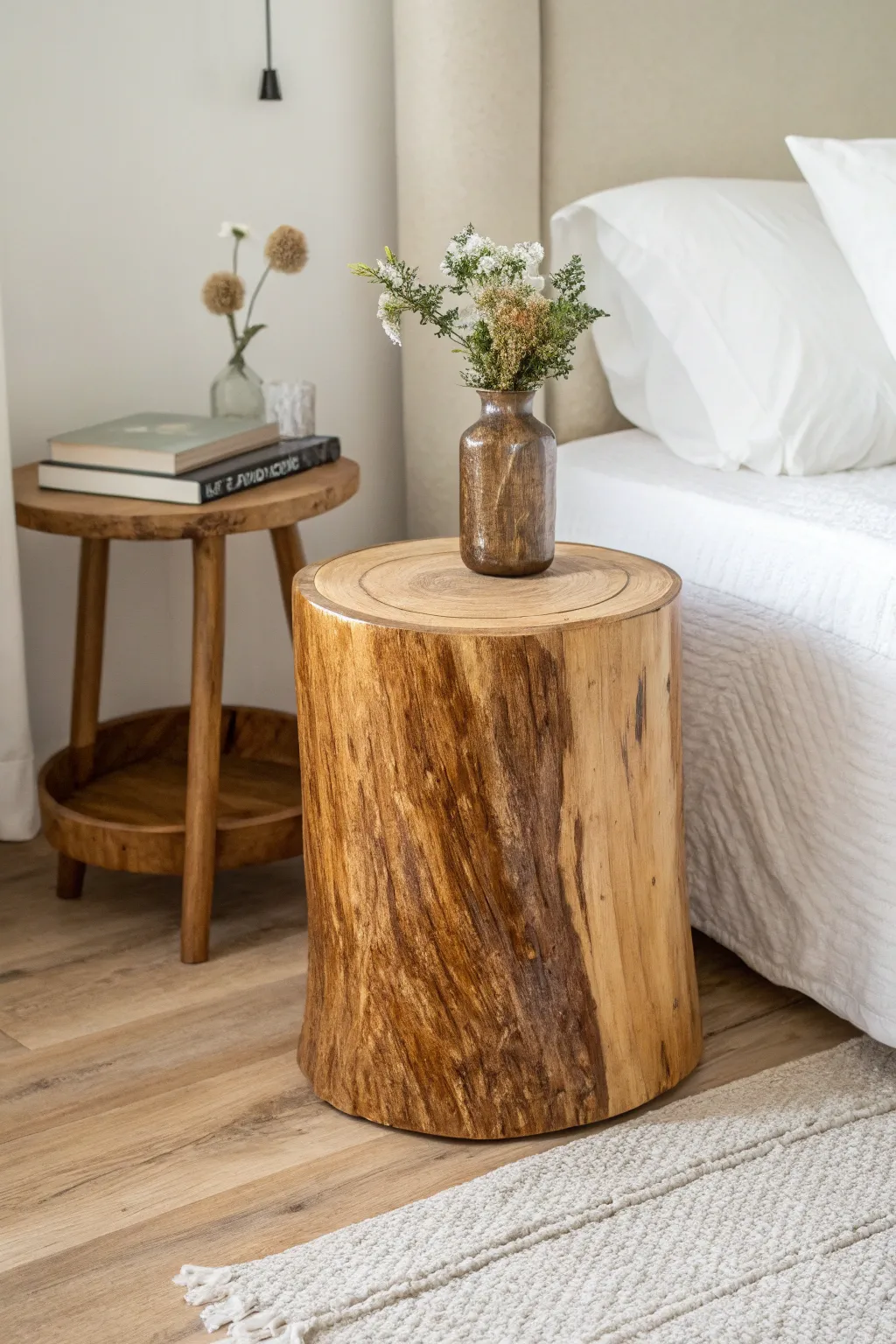 Bring nature indoors with this stunning tree stump nightstand, where rustic charm meets minimalist elegance.