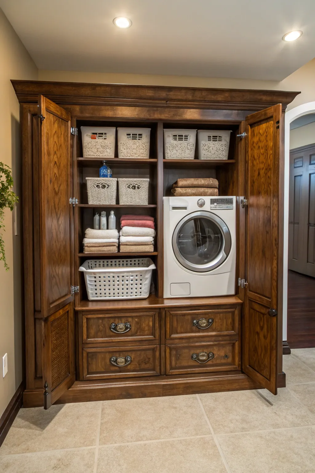 Turn your old entertainment center into the perfect laundry room ally. Style and function in harmony!