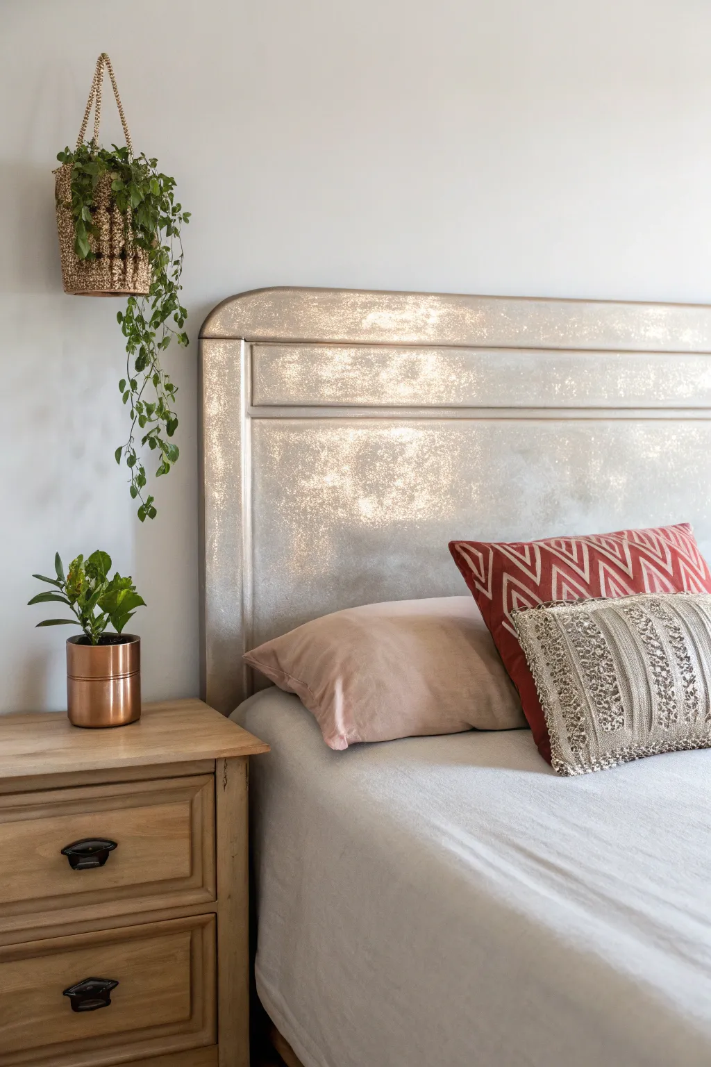 Transform your bedroom with a touch of glam using metallic paint for your headboard. Shine bright, sleep tight.