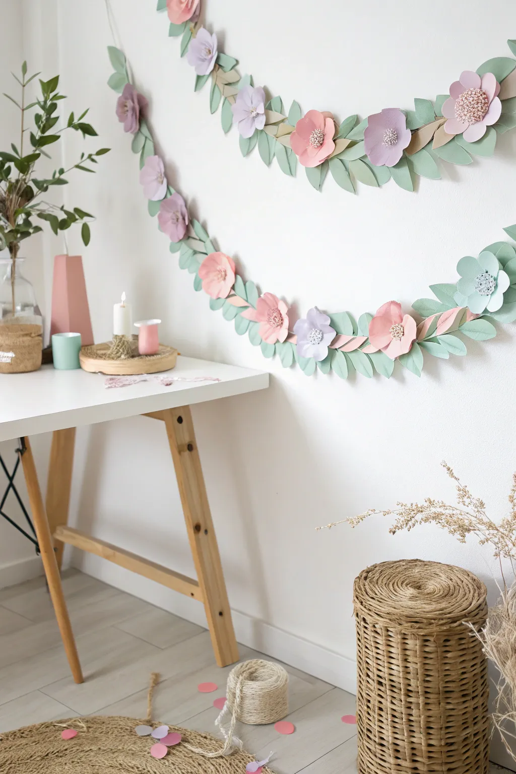 Transform your table with whimsical paper garlands for a touch of springtime charm.