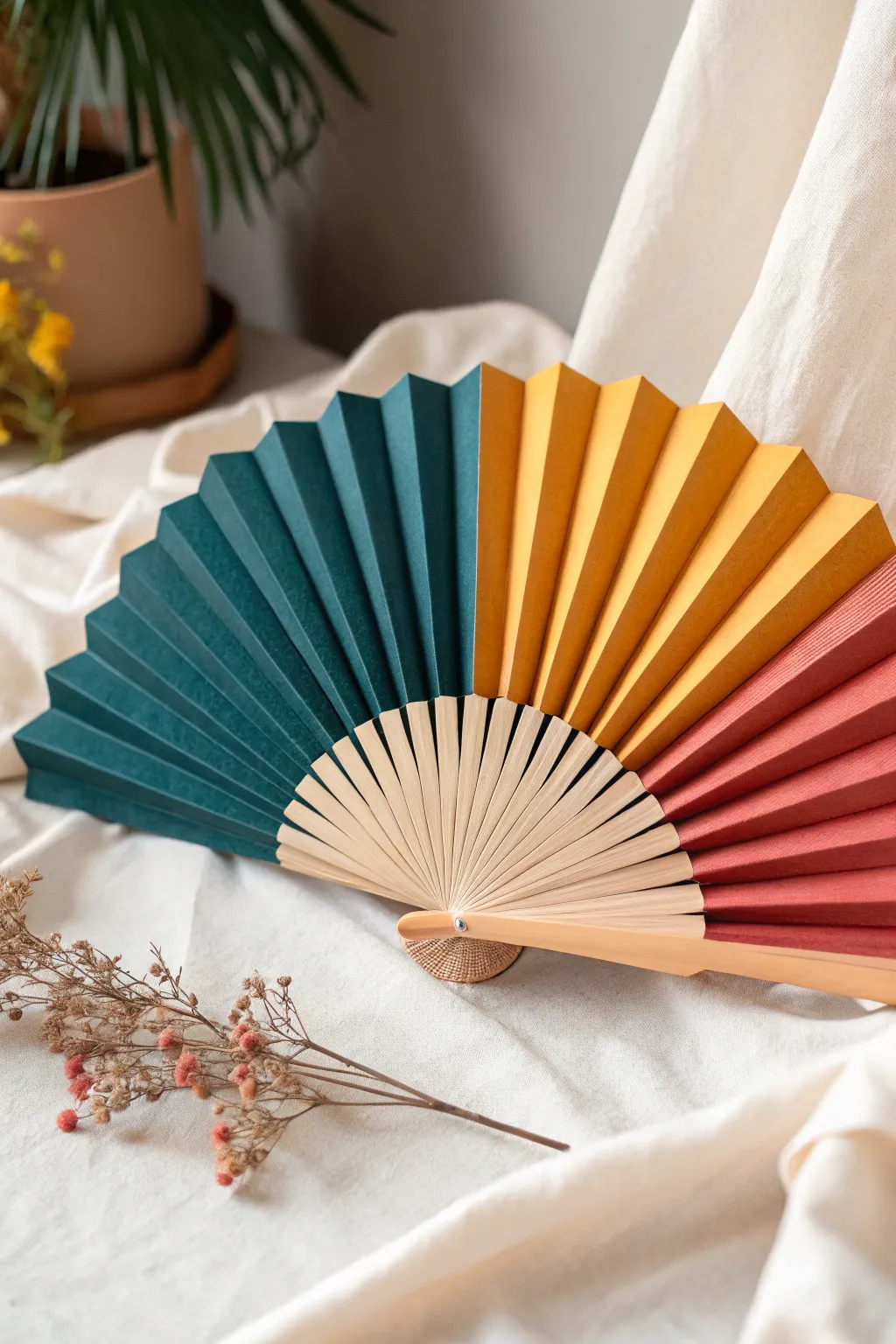 Add modern flair to your space with a bold, geometric paper fan. Perfect for minimalist decor lovers!