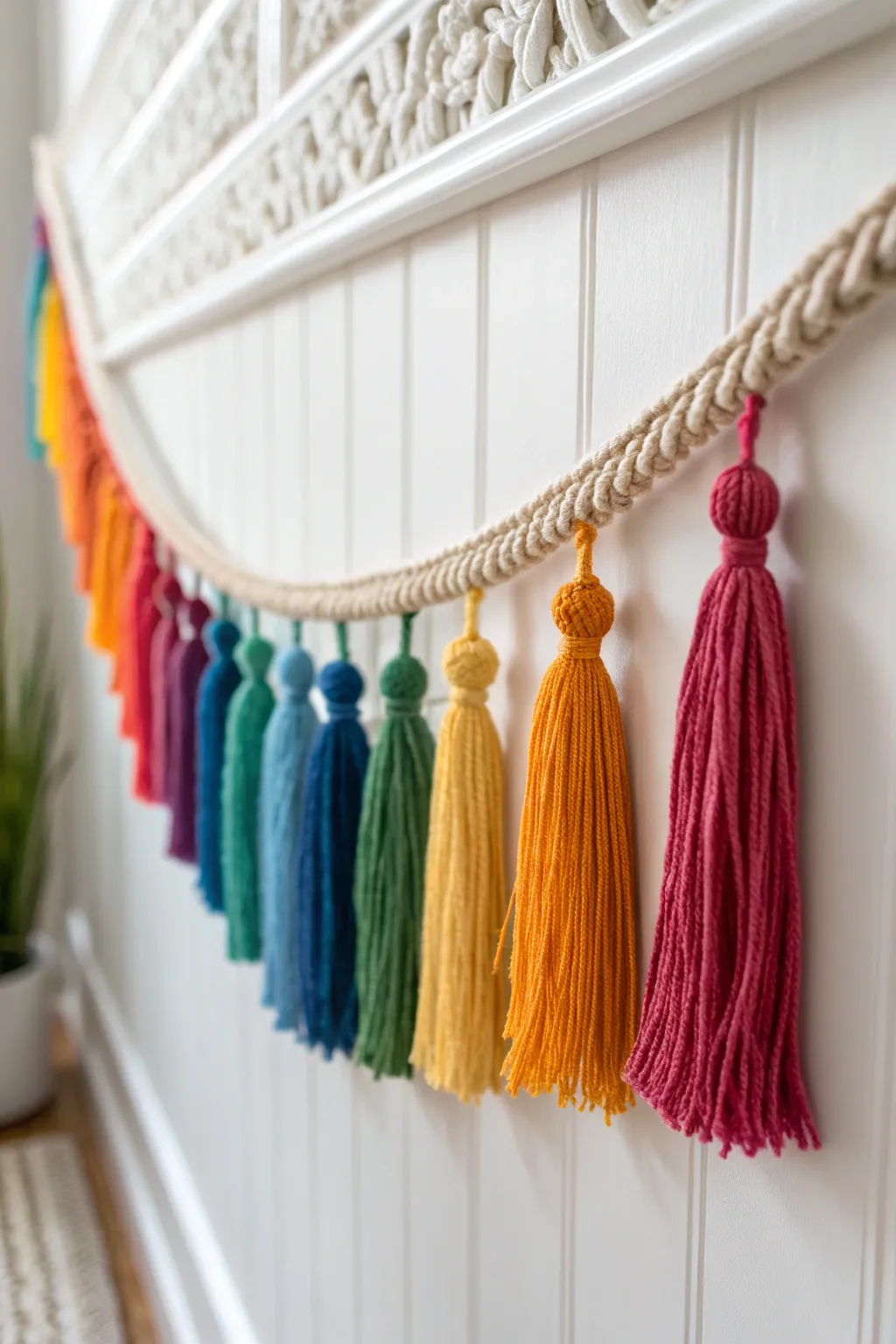 Add a splash of color to your space with this stunning multicolored yarn tassel garland, perfect for any occasion!