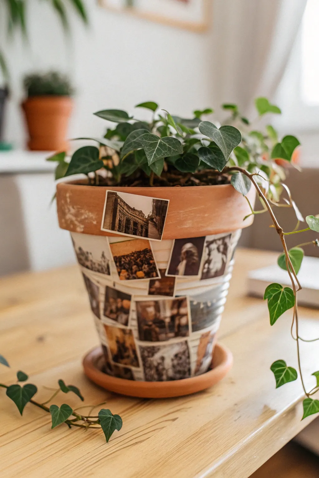 Transform your table with a personal touch: DIY photo-wrapped plant pots that blend nature and memories.