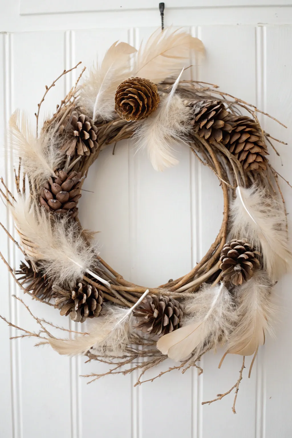 Embrace whimsy with a Pinecone and Feather Wreath – a perfect blend of nature's elegance and bohemian charm.