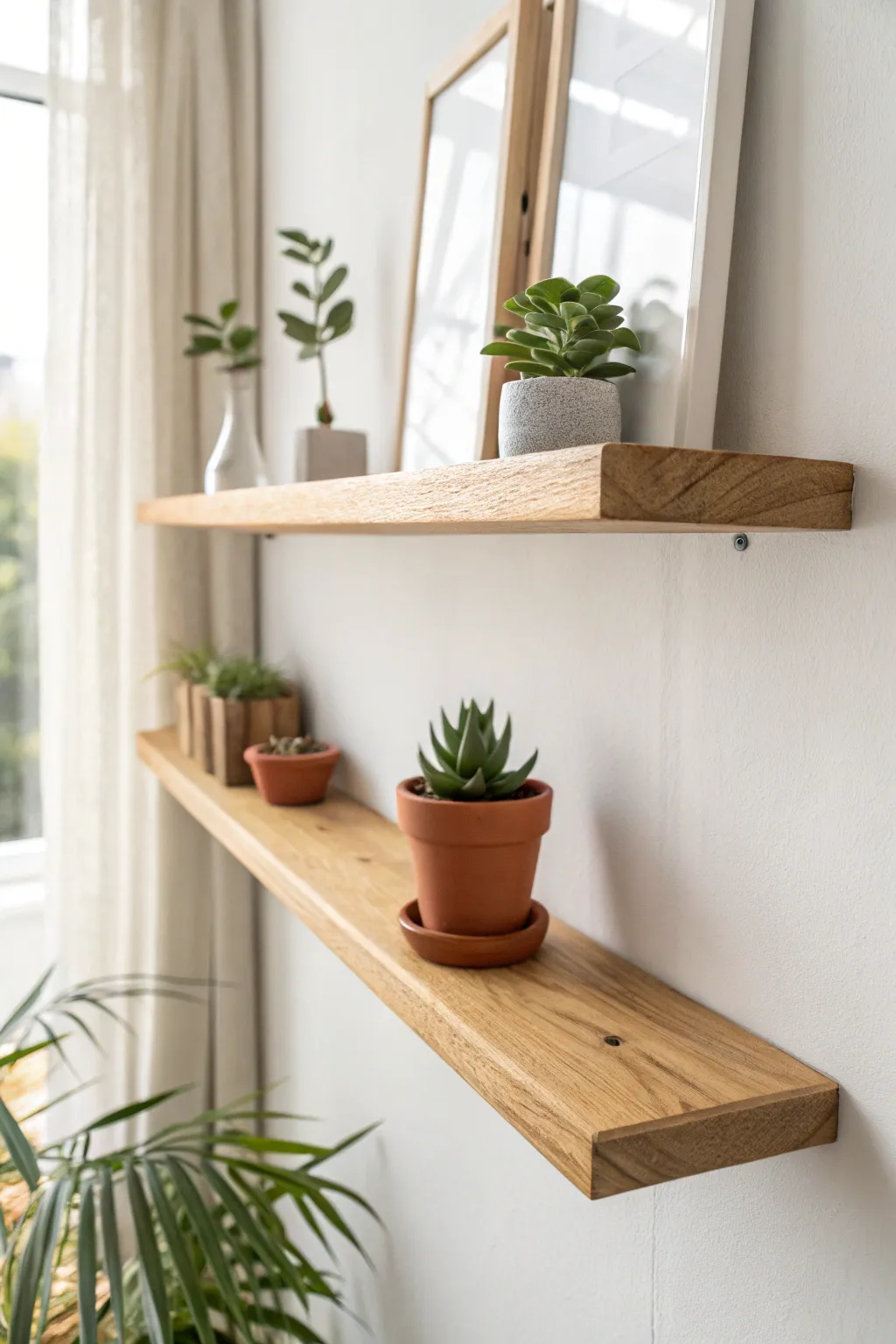 Elevate your greenery: A floating shelf that blends minimalist style with boho charm.