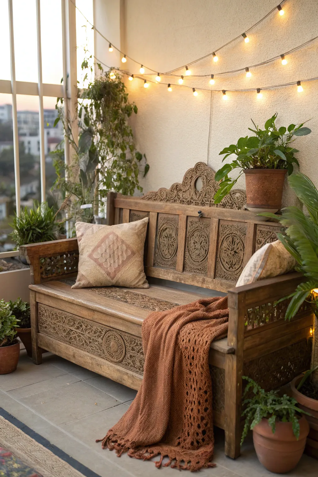 Transform your balcony into a serene escape with this beautifully crafted wooden bench.