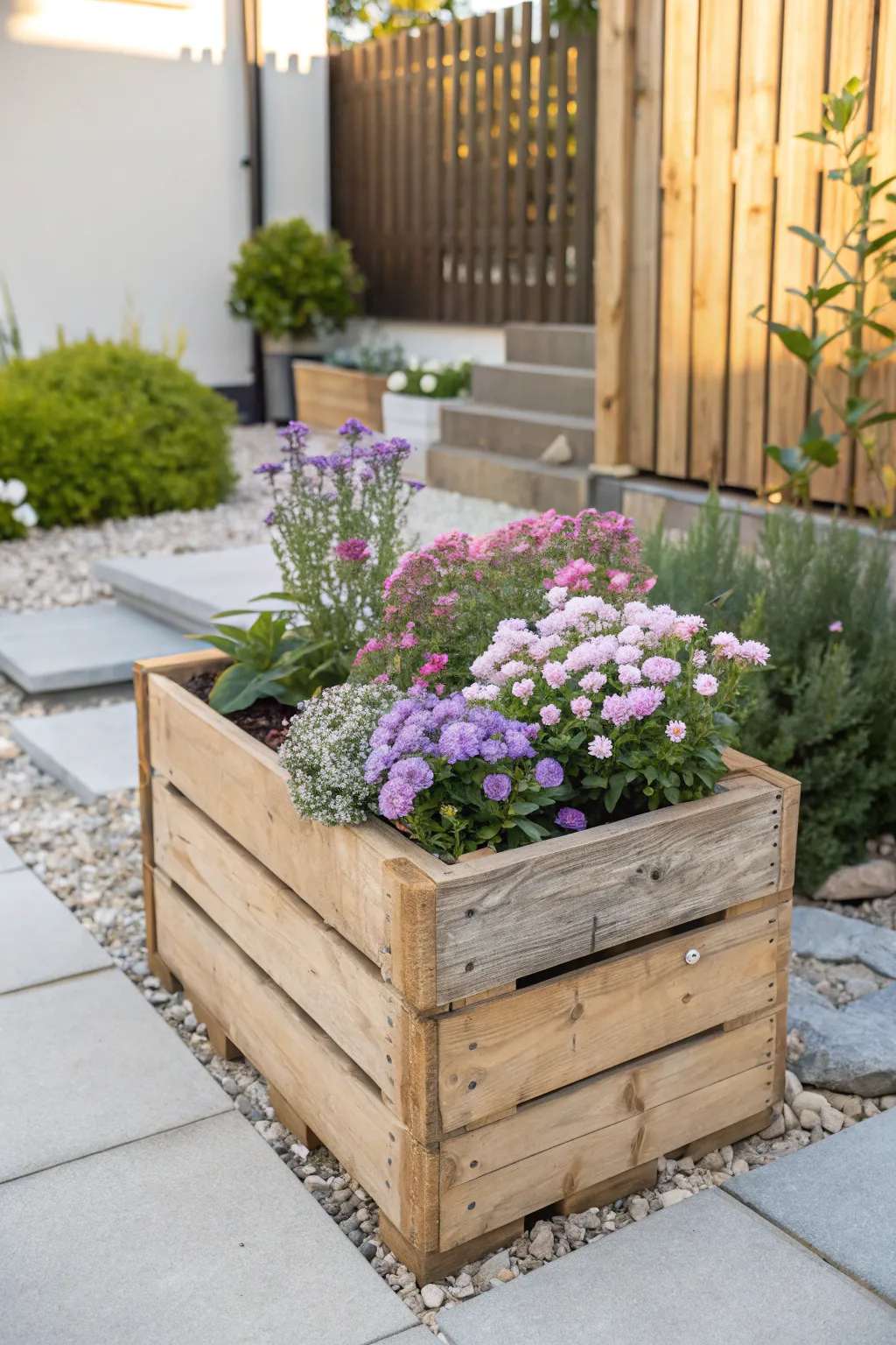 Transform your backyard with rustic charm using repurposed wooden crates as stylish planters. 🌿✨ #DIYGarden #ScandiBoho #BackyardBliss