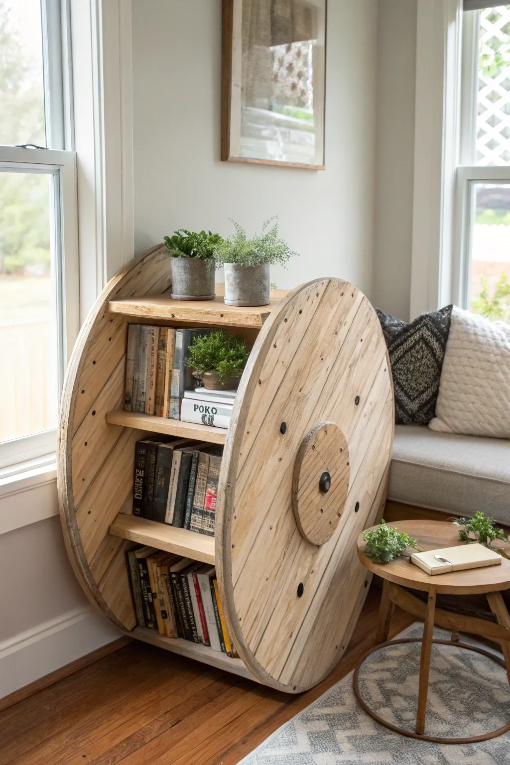 Transform your reading nook with a rustic cable spool bookshelf, where simplicity meets natural elegance.