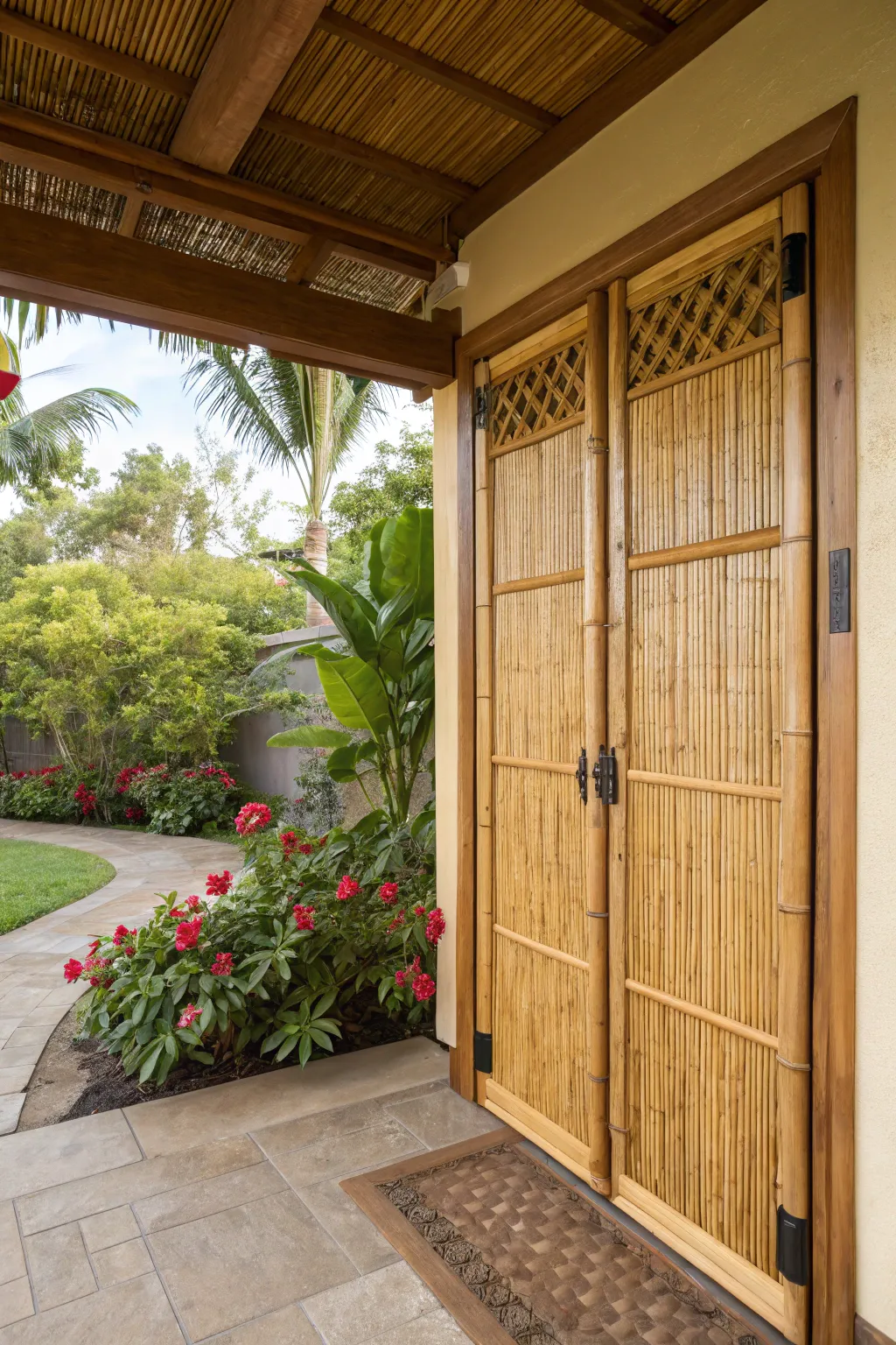 Elevate your space with a handcrafted bamboo screen door, perfect for a tropical-inspired retreat.