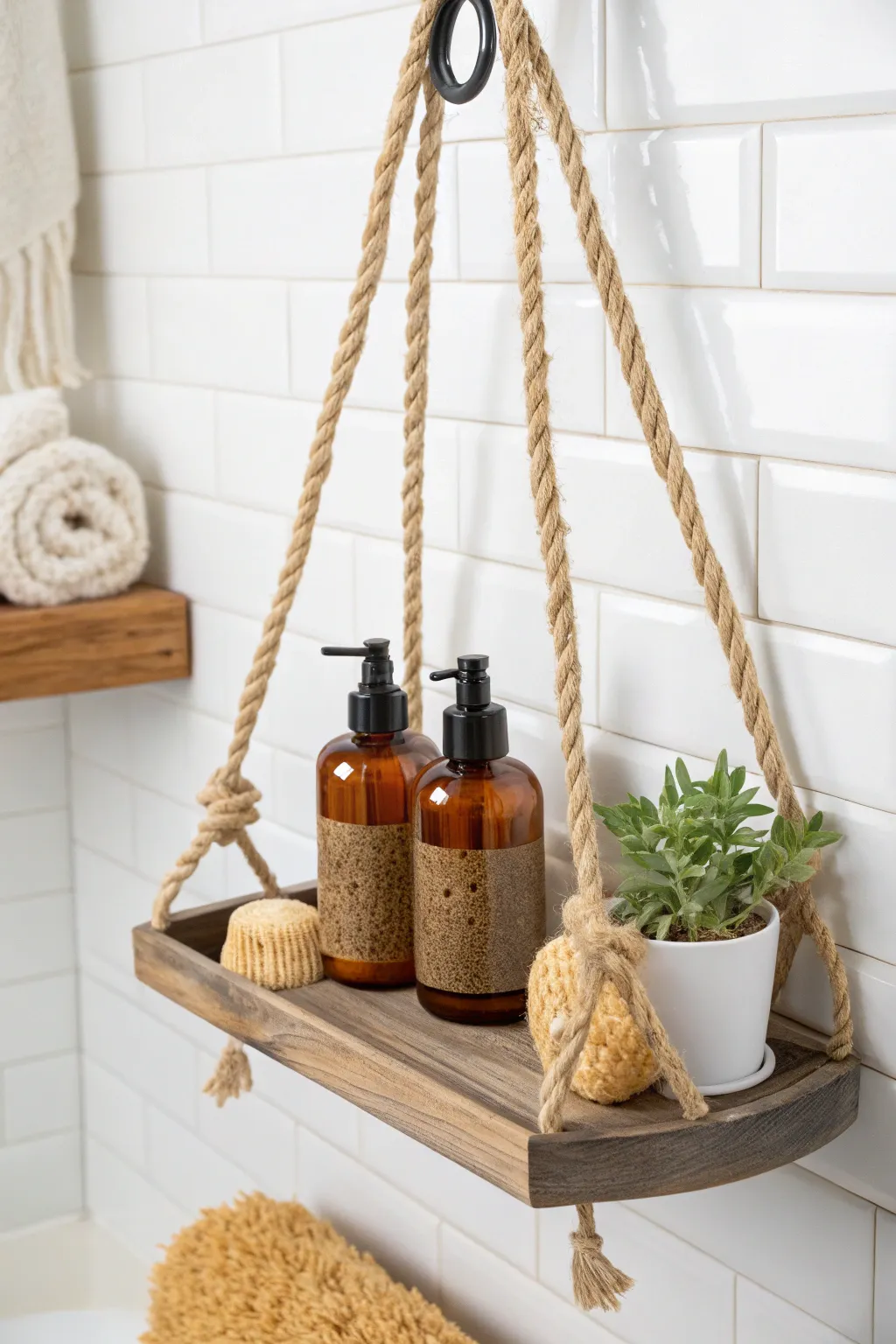 Elevate your shower space with a touch of nautical charm through this handcrafted rope and hook caddy.