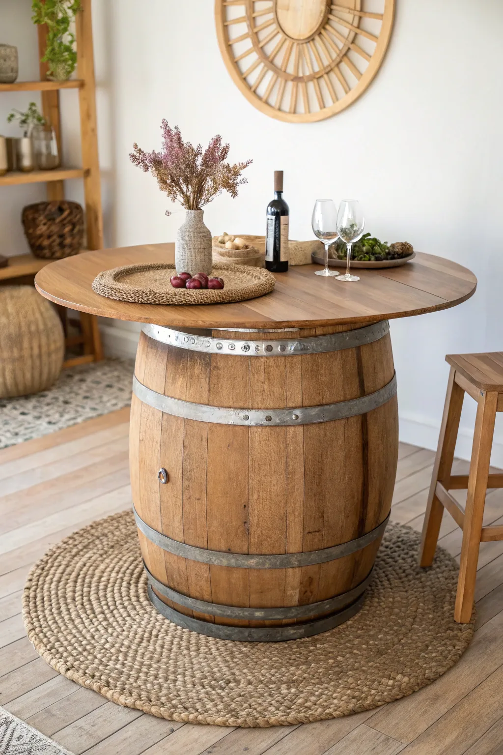 Transform your space with this charming wine barrel table, perfect for rustic elegance and intimate gatherings.
