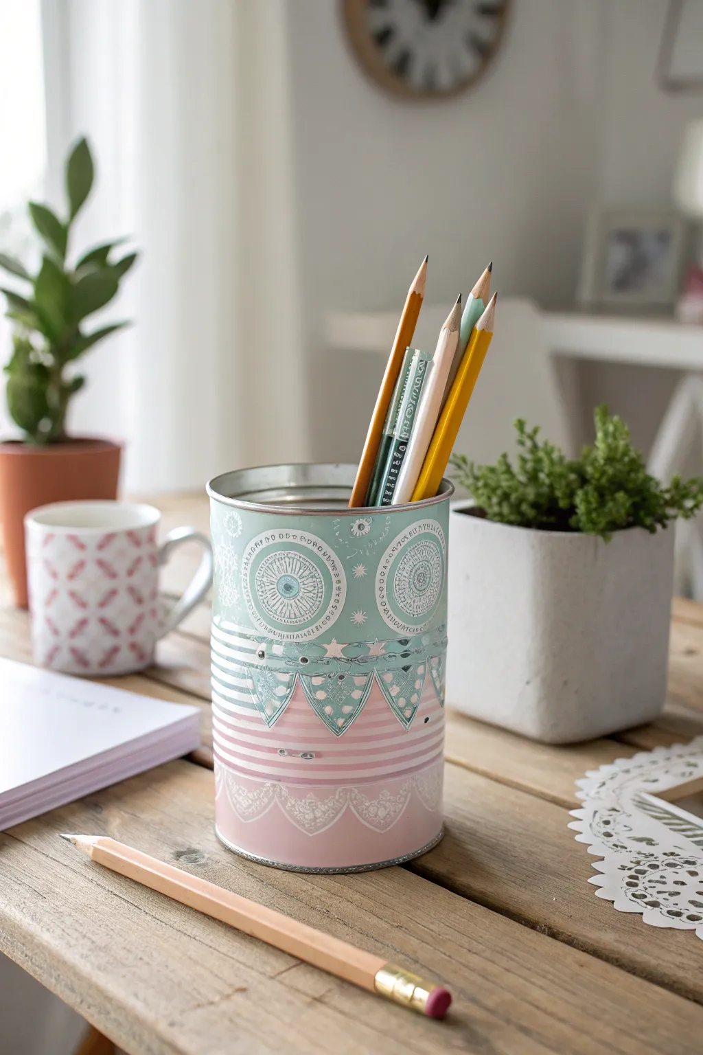 Elevate your teacher's desk with this charming upcycled tin can pencil holder, blending minimalist beauty with Boho flair. 🌿✏️ #DIYTeacherGifts #ScandiBoho