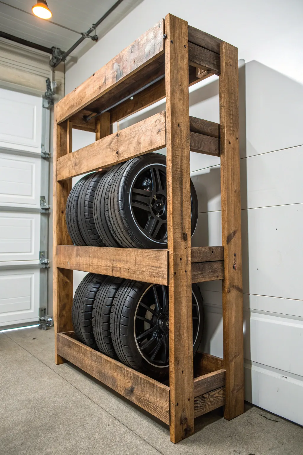 Elevate your garage with a tire rack that tells a story — crafted from reclaimed wood for timeless charm.