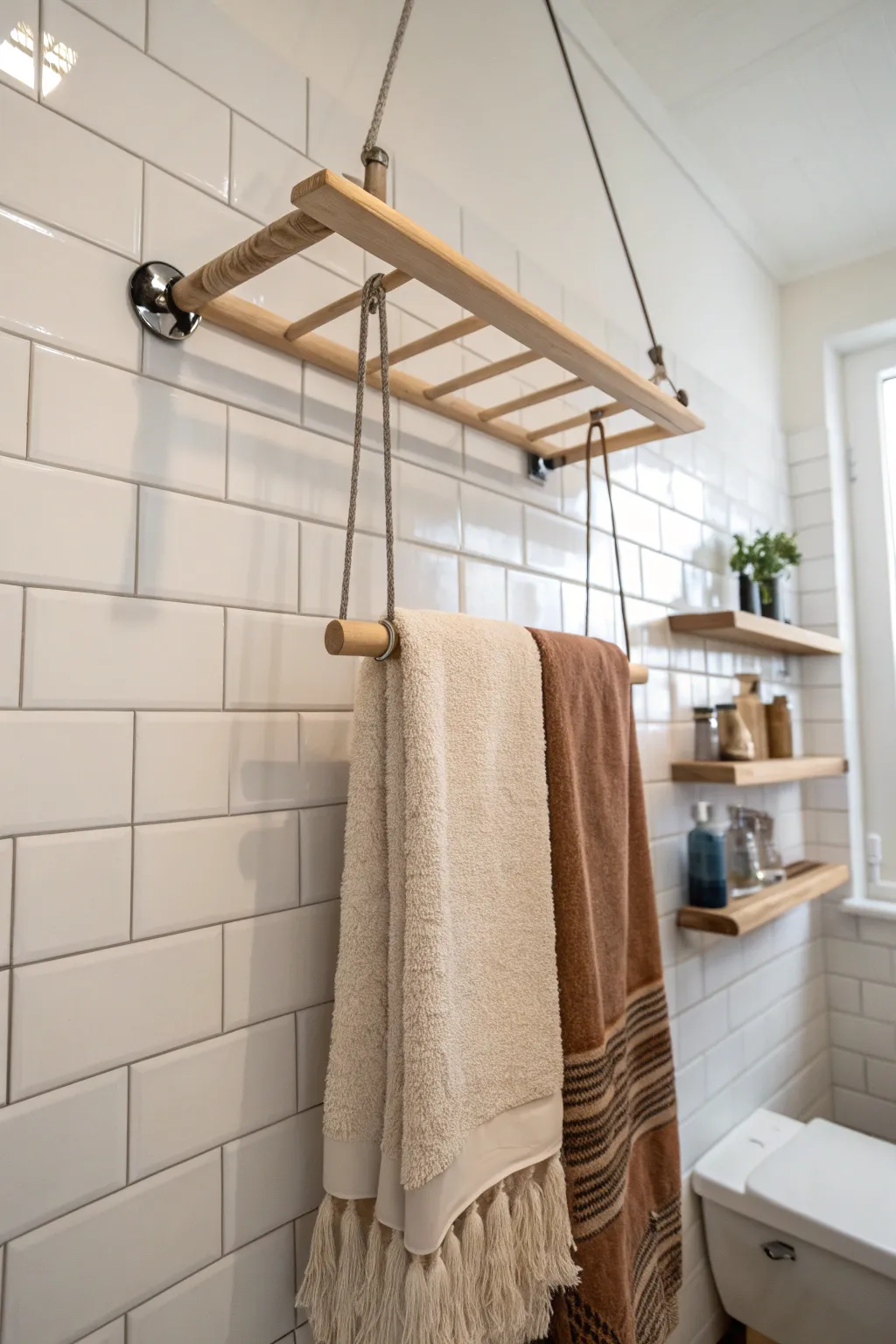Elevate your small bathroom's style with a chic ceiling-mounted towel rack.