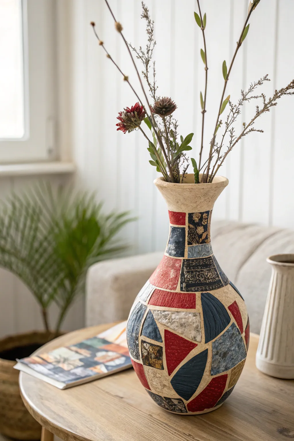 Transform old pages into art: a stunning patchwork collage vase that blends minimalist elegance with bold creativity.