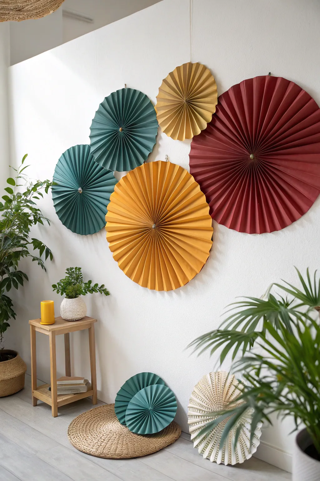 Transform your space with a vibrant Paper Fan Collage, where craftsmanship and color meet minimalist elegance.