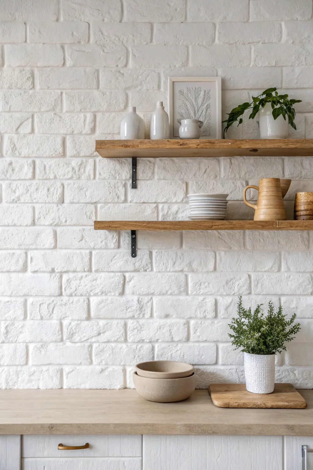 Transform your space with a charming white-painted brick wall for a touch of urban elegance.