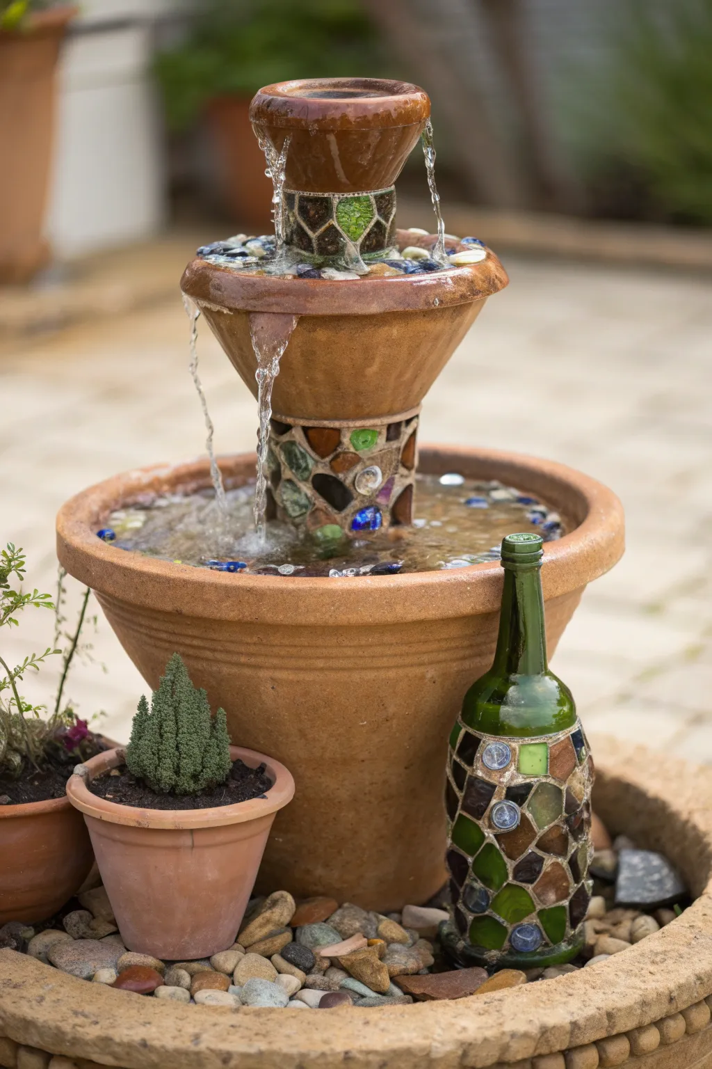 Transform your garden with a dazzling recycled glass fountain that sparkles in the sun.