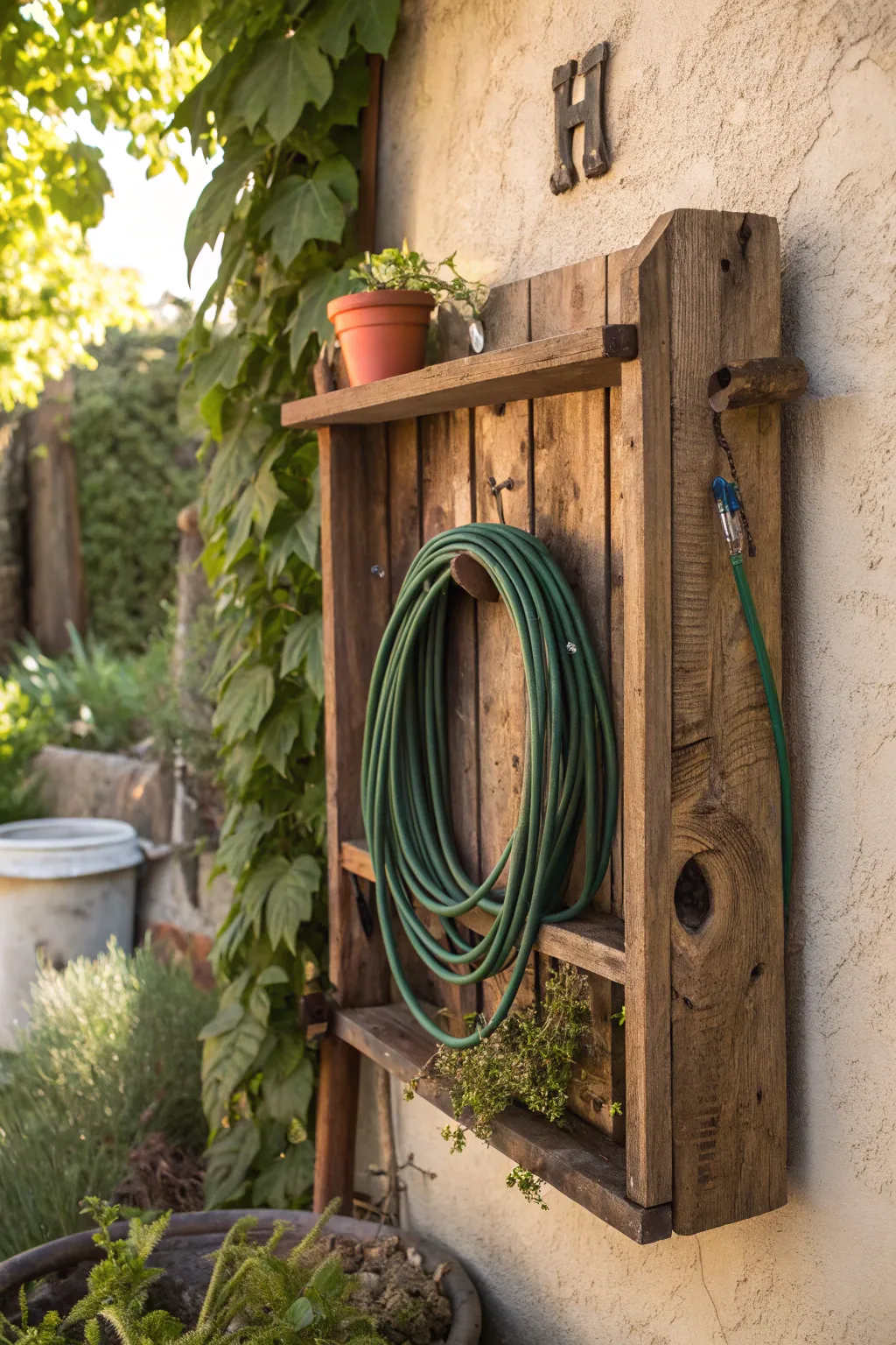 Elevate your garden with a touch of history and craftsmanship using a reclaimed wood hose holder.