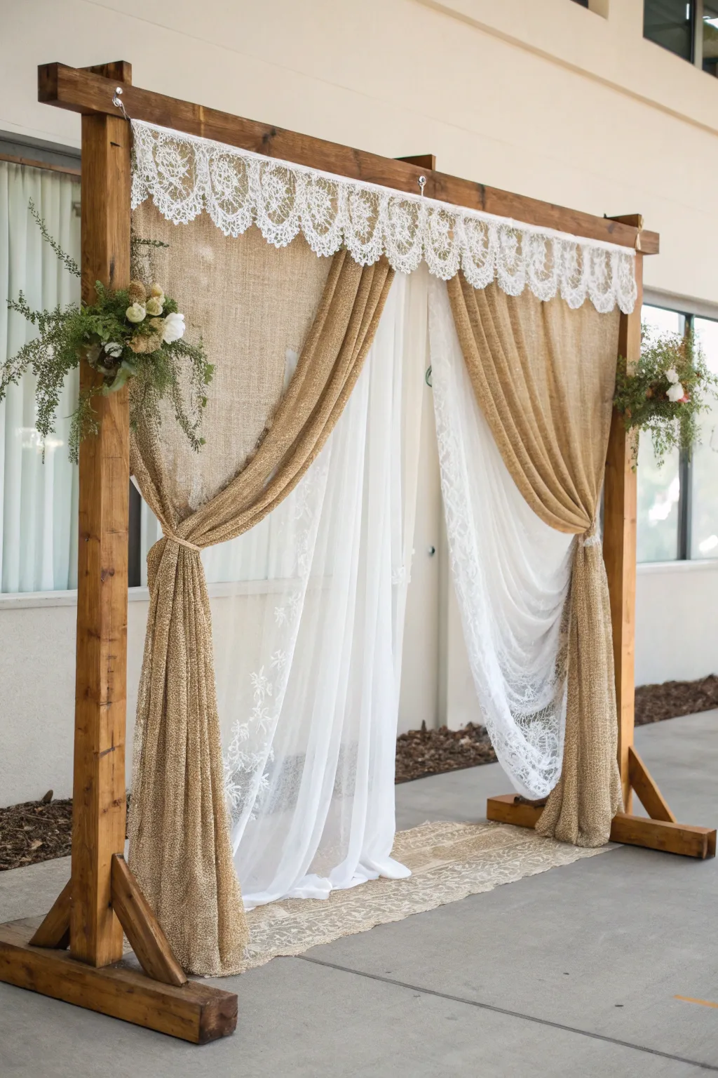 Embrace rustic elegance with a burlap and lace wedding backdrop that whispers simplicity and charm.